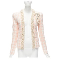 BALMAIN Spencer Weißer Metallic Tweed-Blazer mit Perlenverzierung FR34 XS