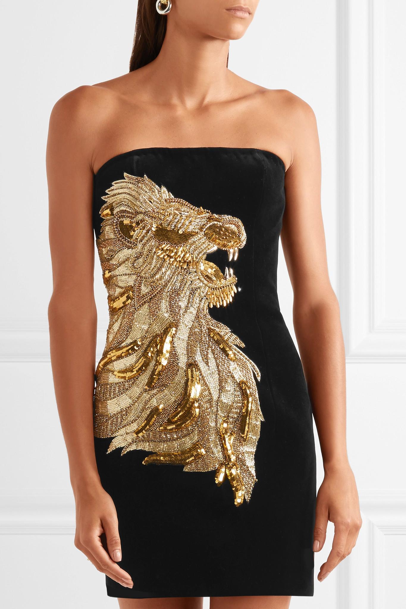 BALMAIN Trägerloses, verziertes Minikleid aus Samt 2