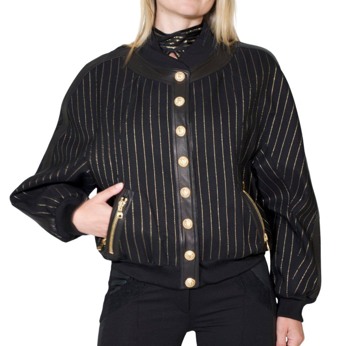 Black Balmain Striped Cotton and Leather Trim Teddy Jacket FR40 For Sale