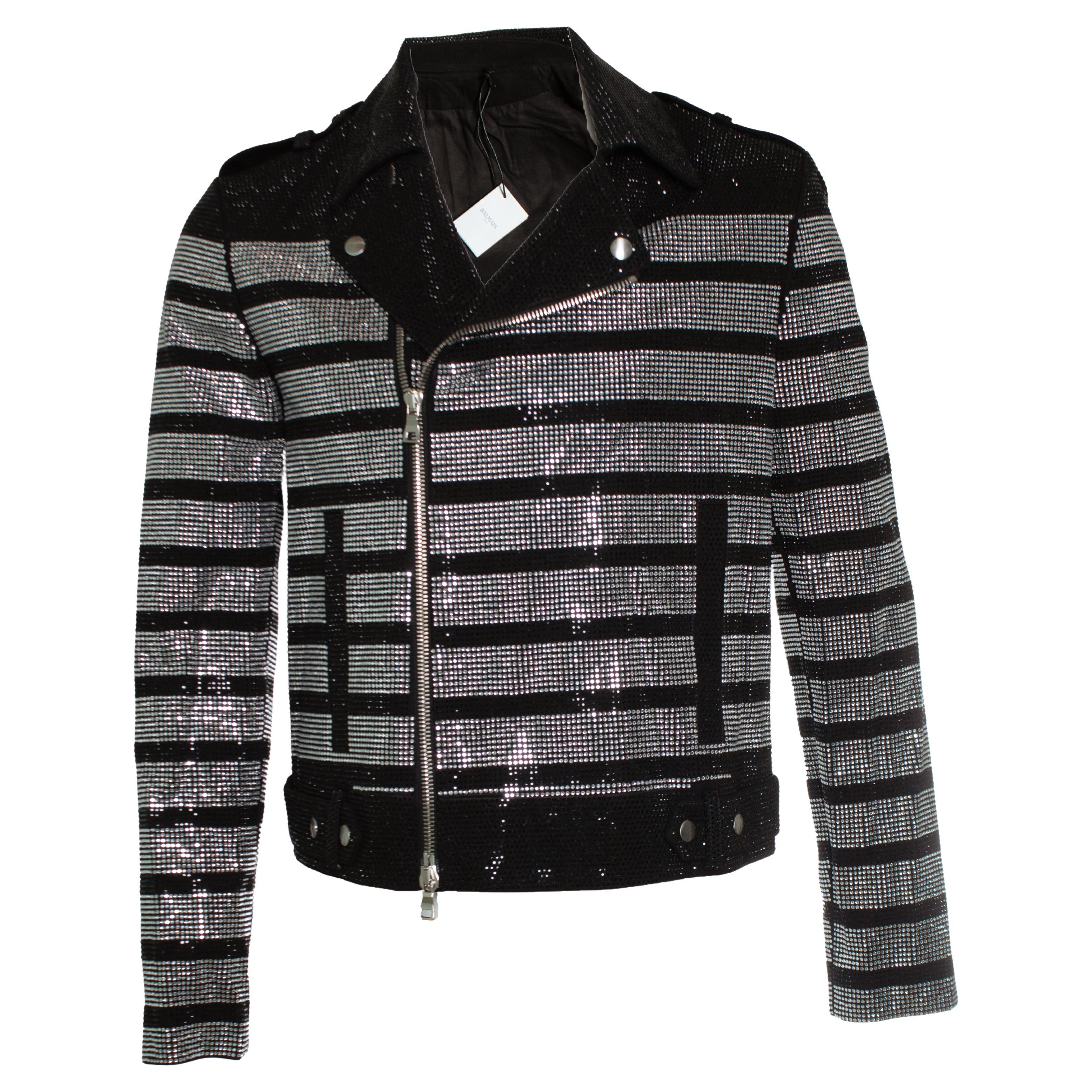 Balmain, striped rhinestone biker jacket For Sale