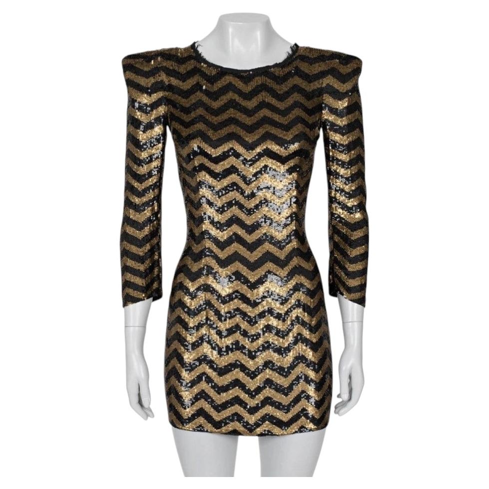 Pre-owned Balmain Striped Sequin Silk Mini Dress - Size S In Black