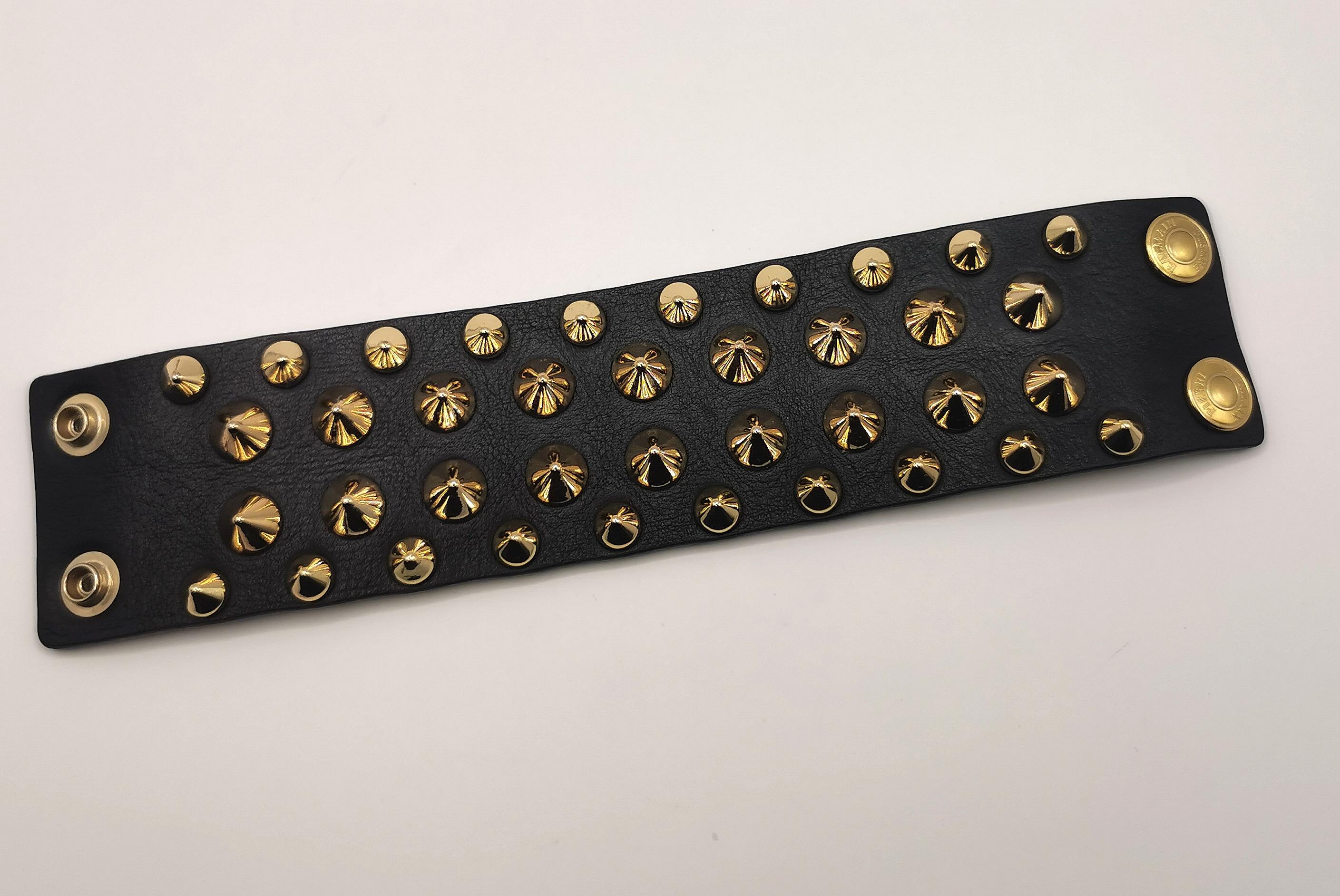 Balmain studded leather cuff bracelet, black and gold  2