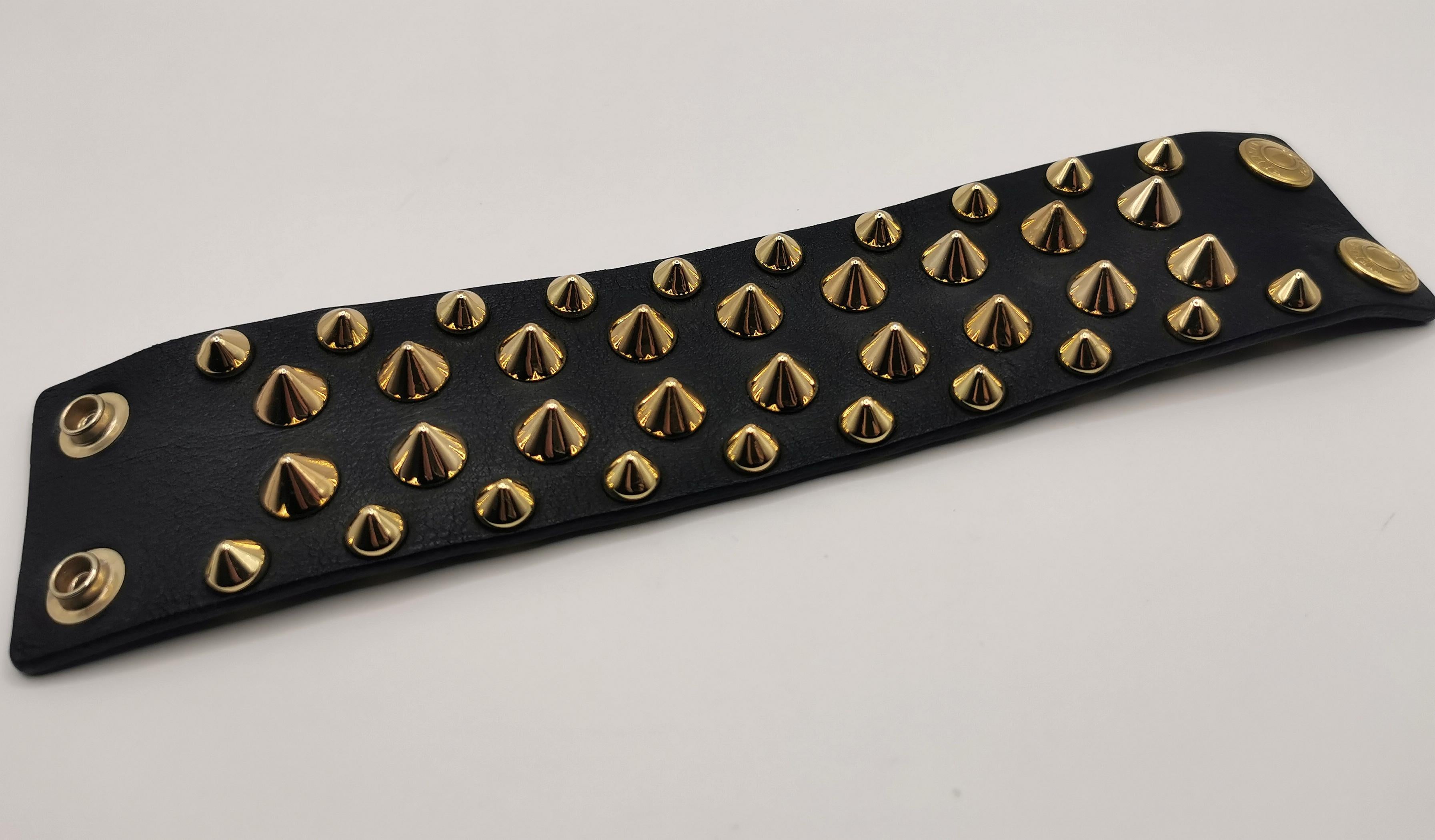 Balmain studded leather cuff bracelet, black and gold  4