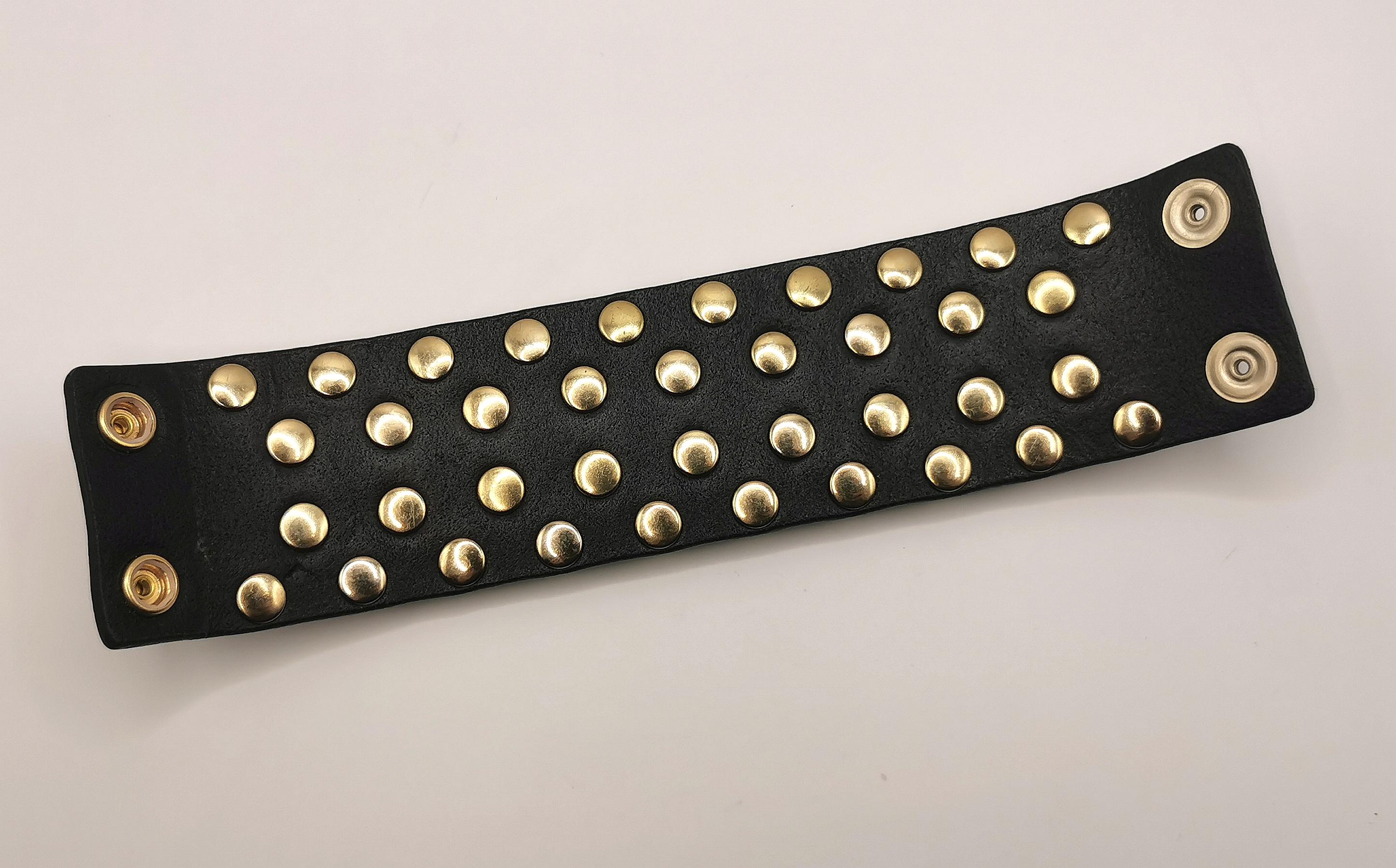 Balmain studded leather cuff bracelet, black and gold  5
