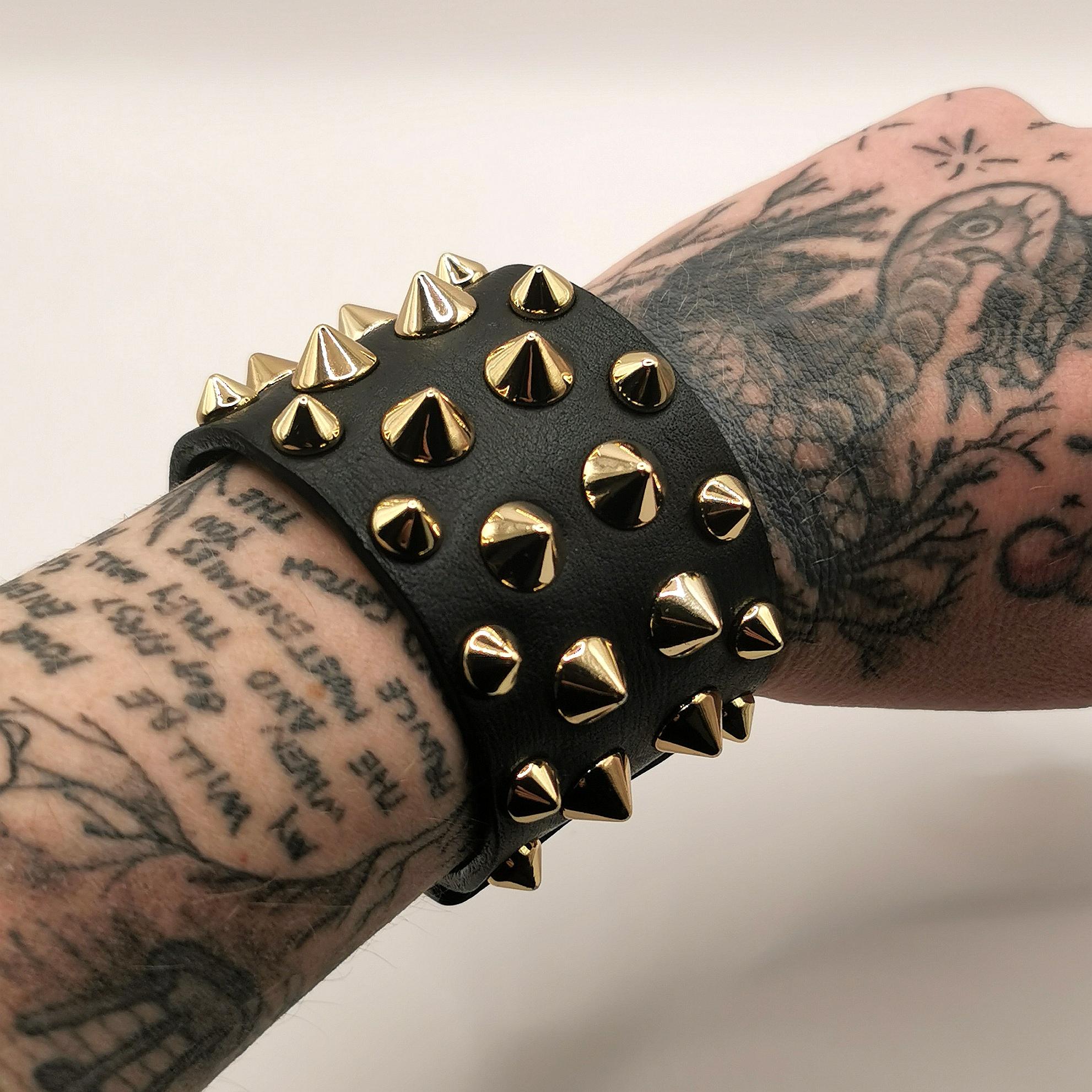 Balmain studded leather cuff bracelet, black and gold  6