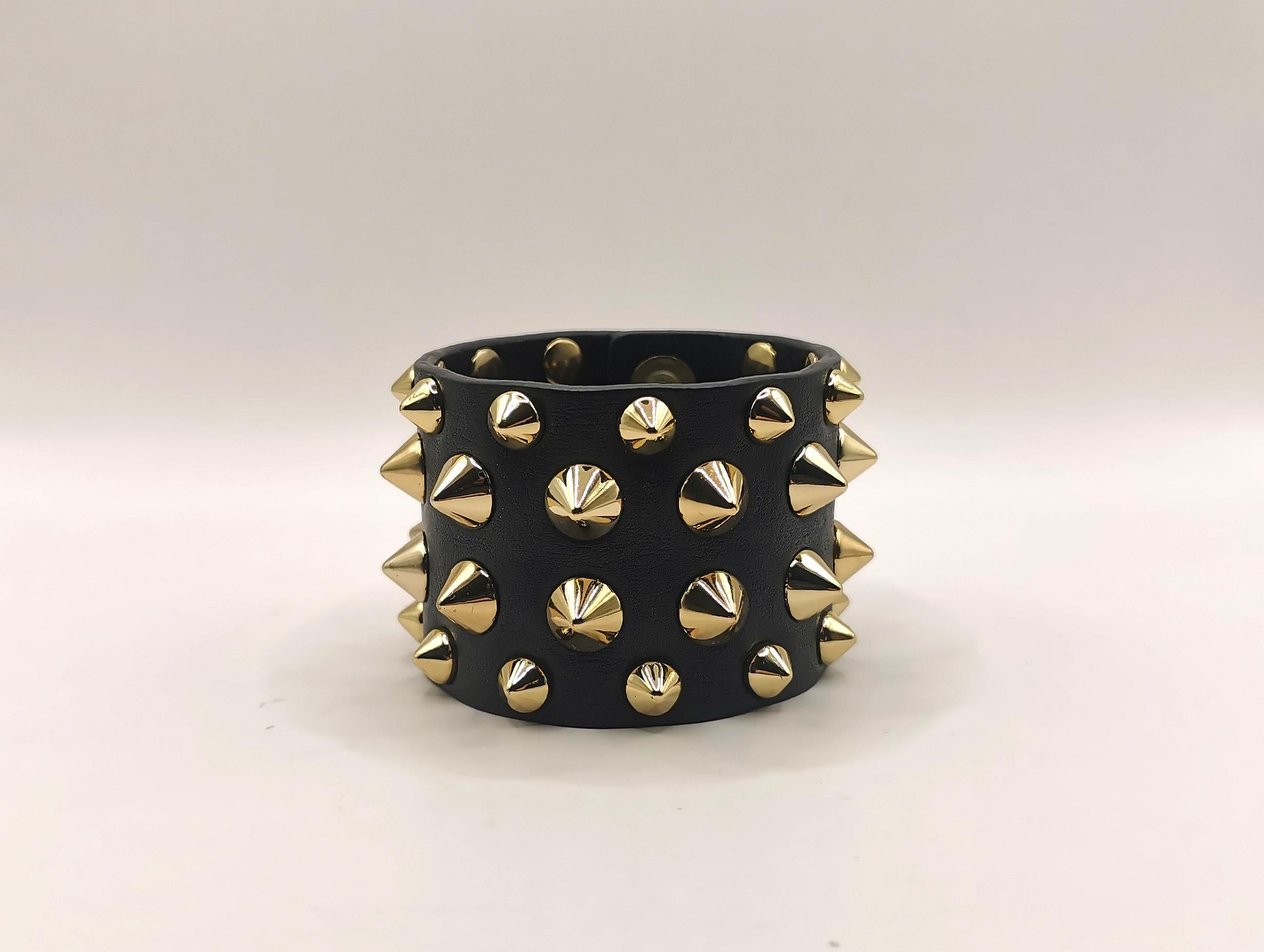 Modern Balmain studded leather cuff bracelet, black and gold 