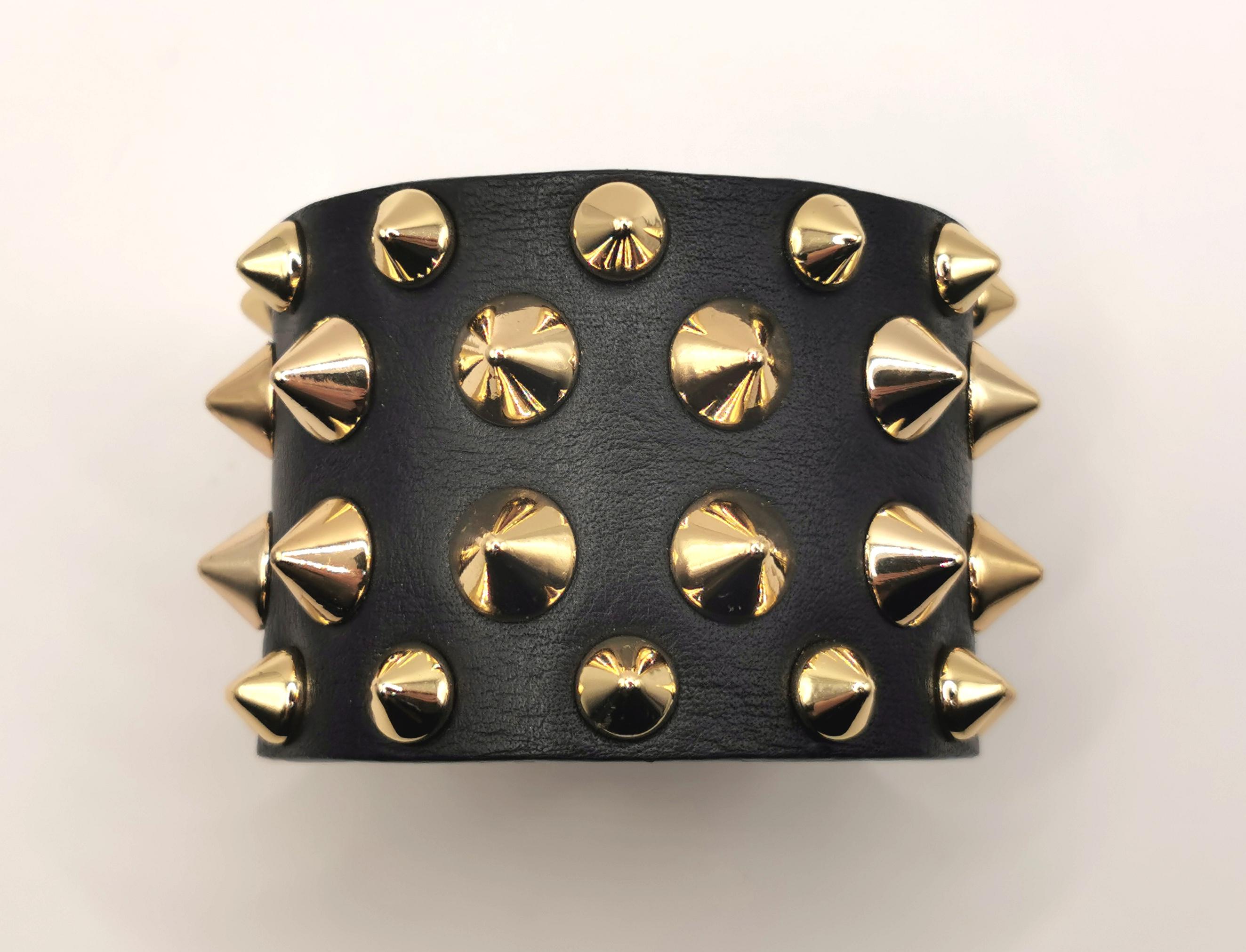 Balmain studded leather cuff bracelet, black and gold  In Good Condition In NEWARK, GB