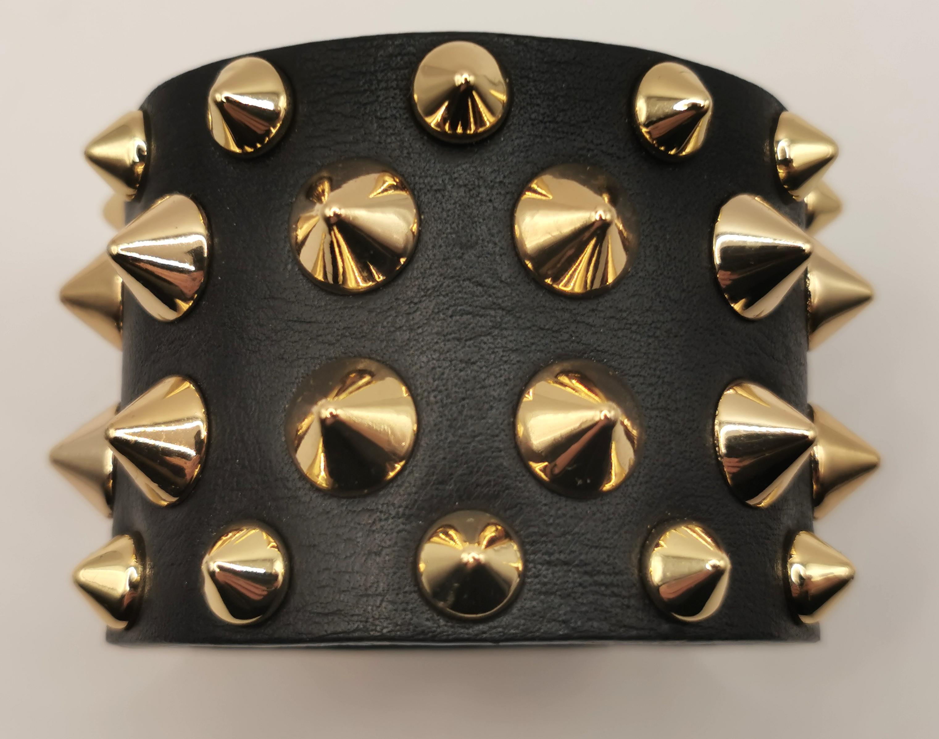 Women's or Men's Balmain studded leather cuff bracelet, black and gold 
