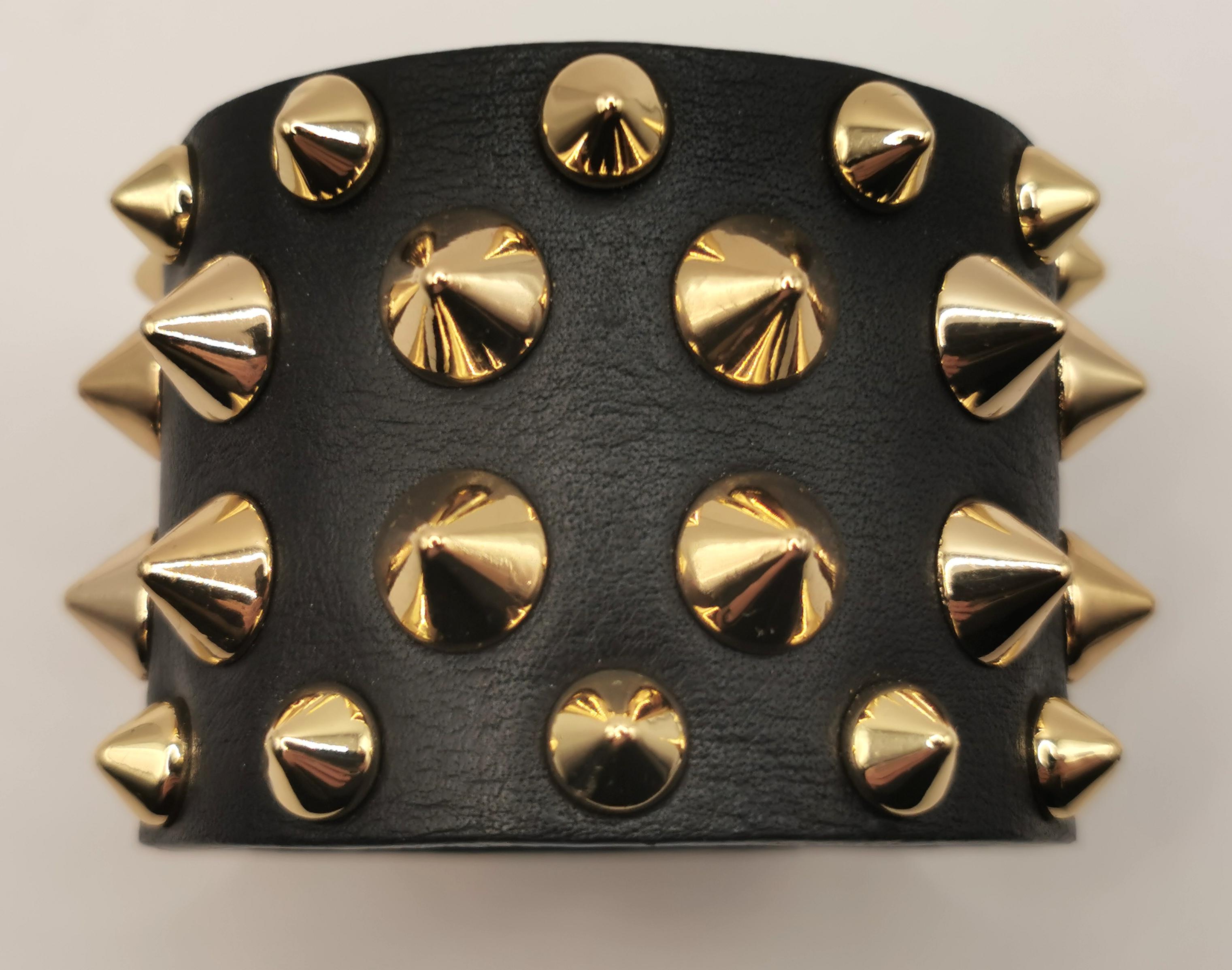Women's or Men's Balmain studded leather cuff bracelet, black and gold