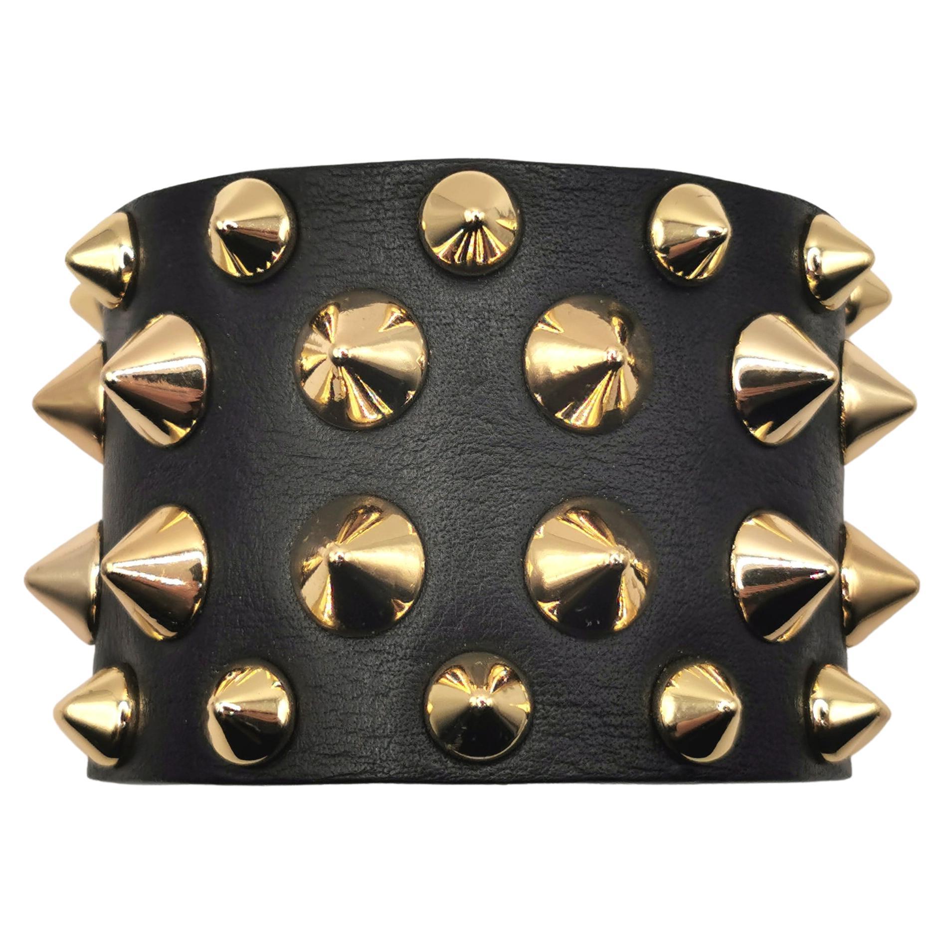 Balmain studded leather cuff bracelet, black and gold 