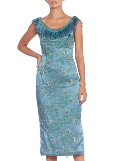 1950'S  BALMAIN Style Turquoise Haute Couture Silk Duchess Satin Embroidered Wi