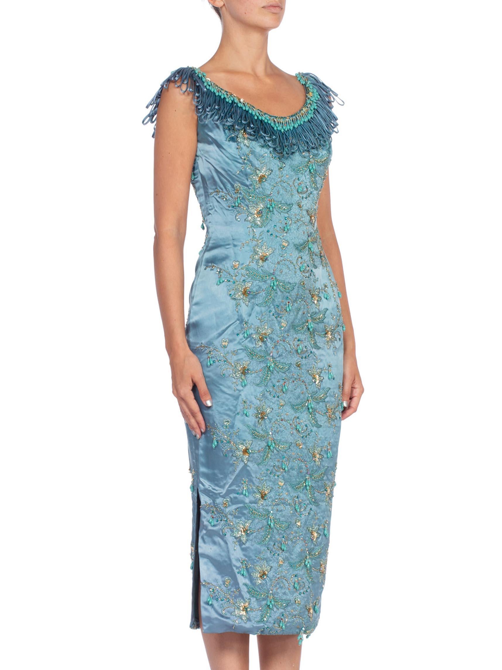 Blue 1950'S  BALMAIN Style Turquoise Haute Couture Silk Duchess Satin Embroidered Wi For Sale