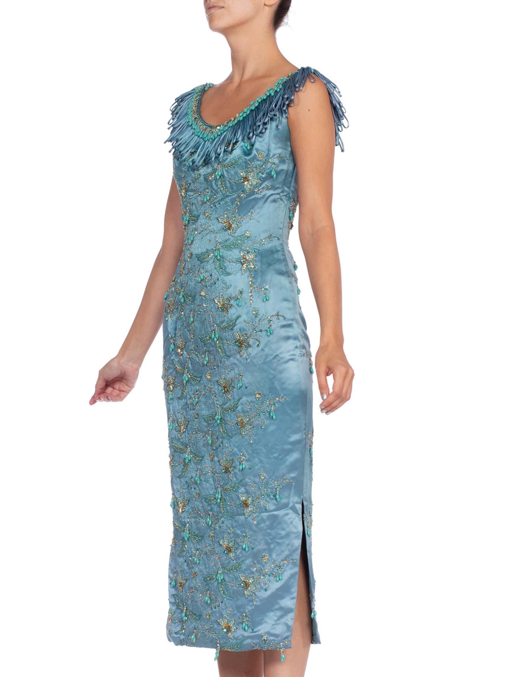 1950'S  BALMAIN Style Turquoise Haute Couture Silk Duchess Satin Embroidered Wi In Good Condition For Sale In New York, NY