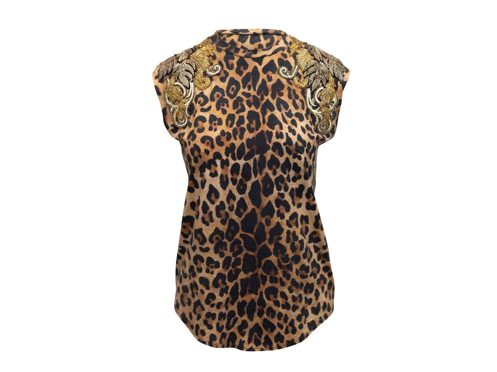 Women's Balmain Tan & Black Leather & Bead-Embellished Leopard Print Top