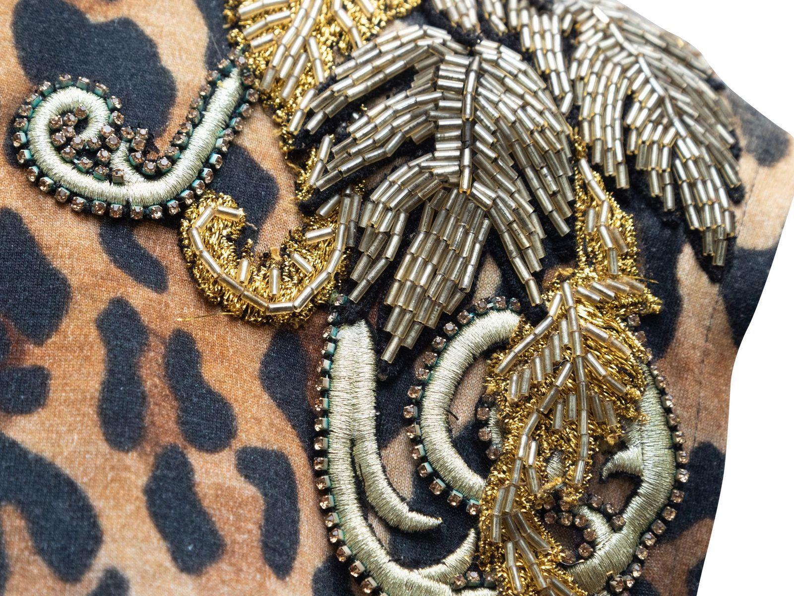 Balmain Tan & Black Leather & Bead-Embellished Leopard Print Top 1