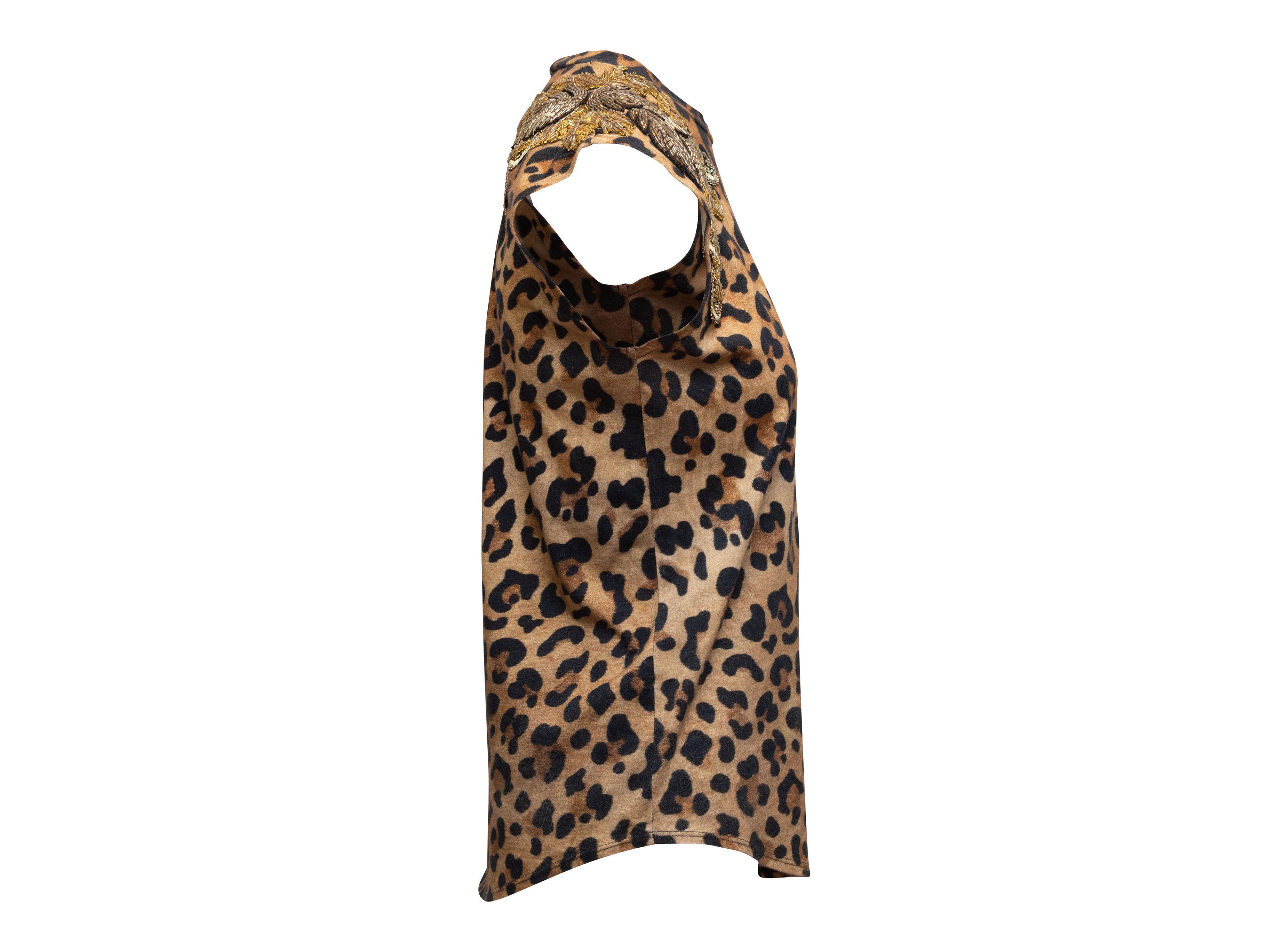 Balmain Tan & Black Leather & Bead-Embellished Leopard Print Top 2