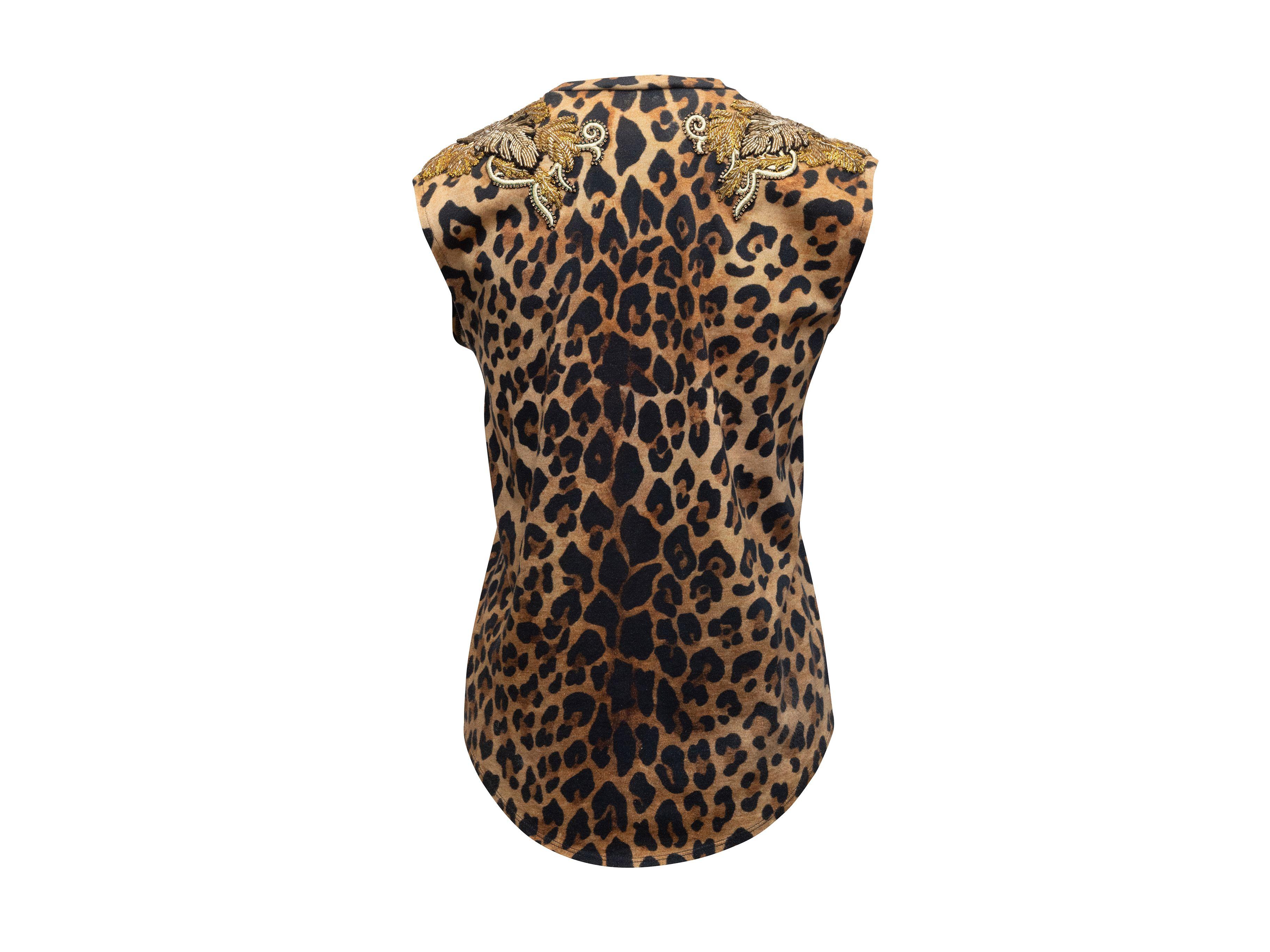 Balmain Tan & Black Leather & Bead-Embellished Leopard Print Top 3