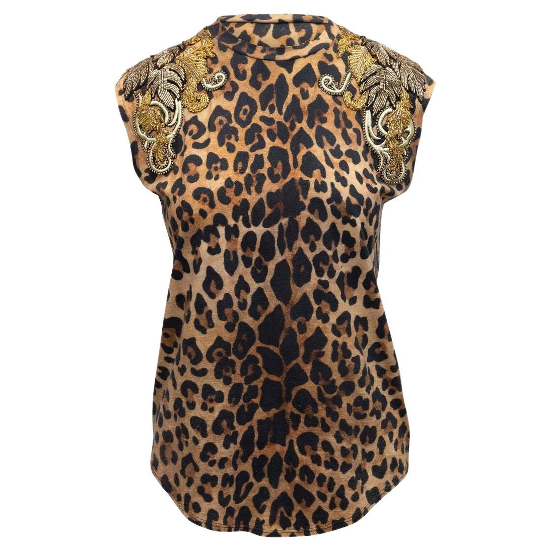 Balmain Tan & Black Leather & Bead-Embellished Leopard Print Top
