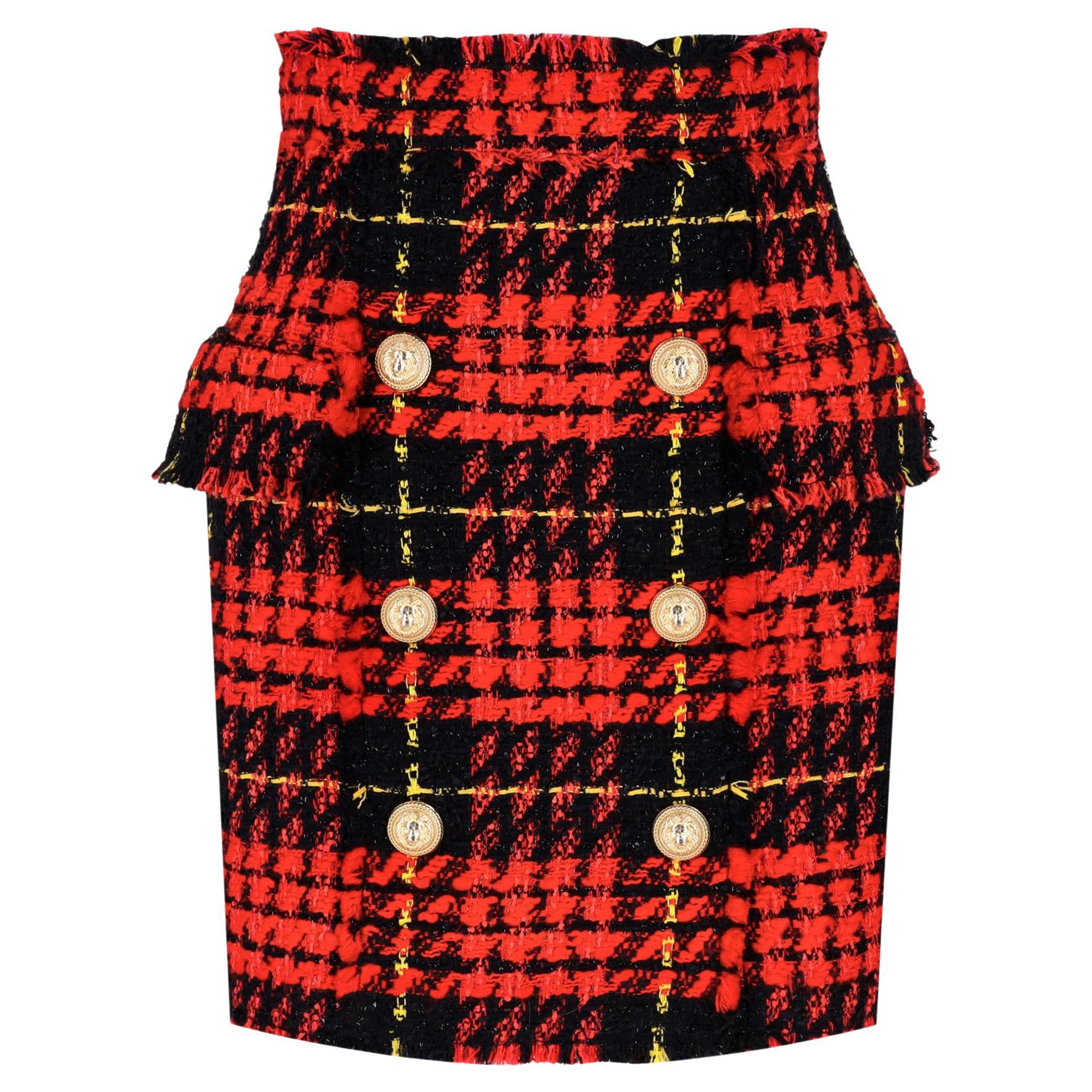 Balmain Tartan Tweed Skirt With Lion-Head Buttons