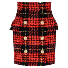 Balmain Tartan Tweed Skirt With Lion-Head Buttons
