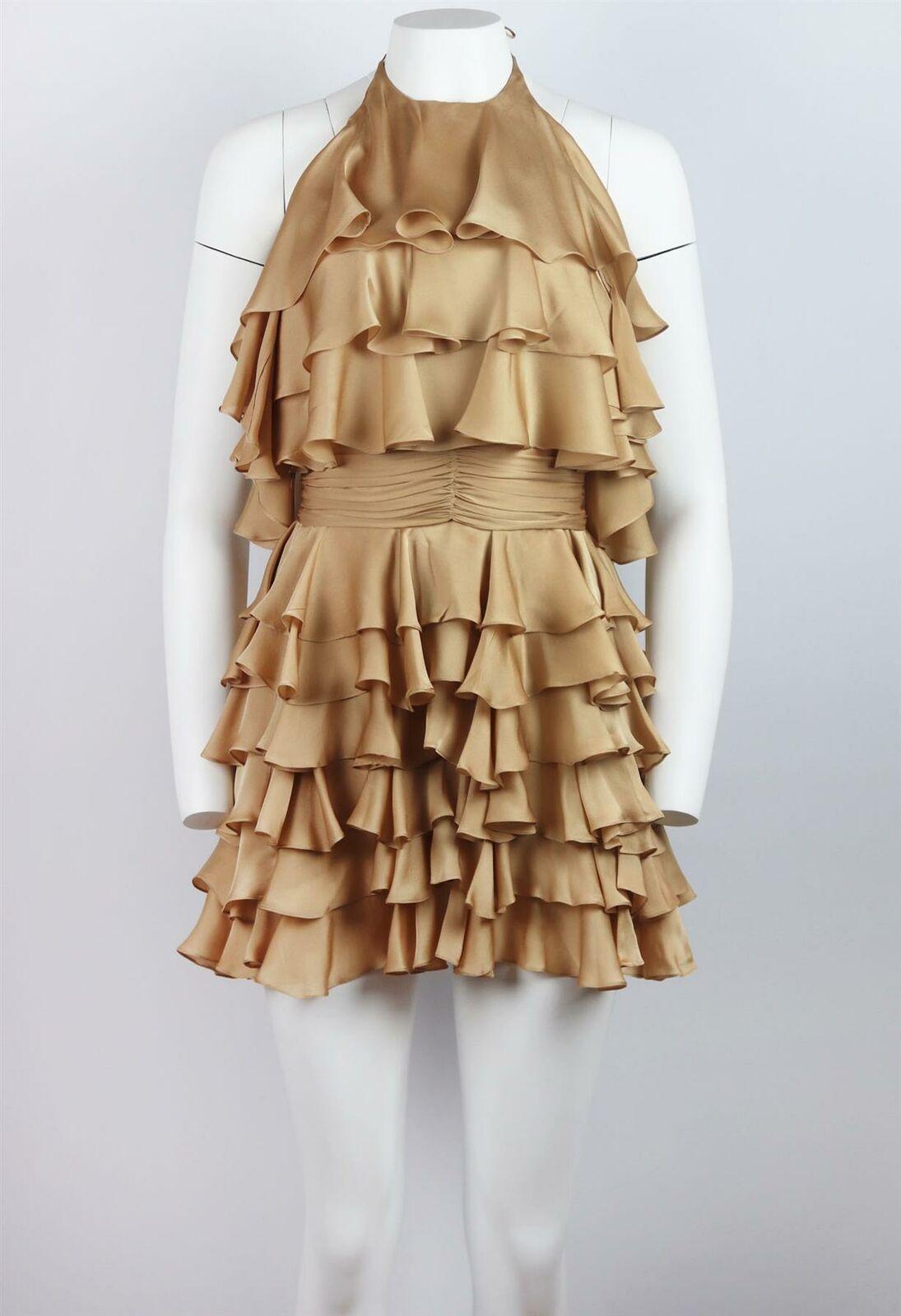 Balmain's mini dress is designed with tiers of flouncy ruffles that move beautifully as you walk, it's cut with a cinched in waist from smooth silk-charmeuse and has halterneck silhouette.
Beige silk.
Concealed zip fastening at back.
100% Silk;