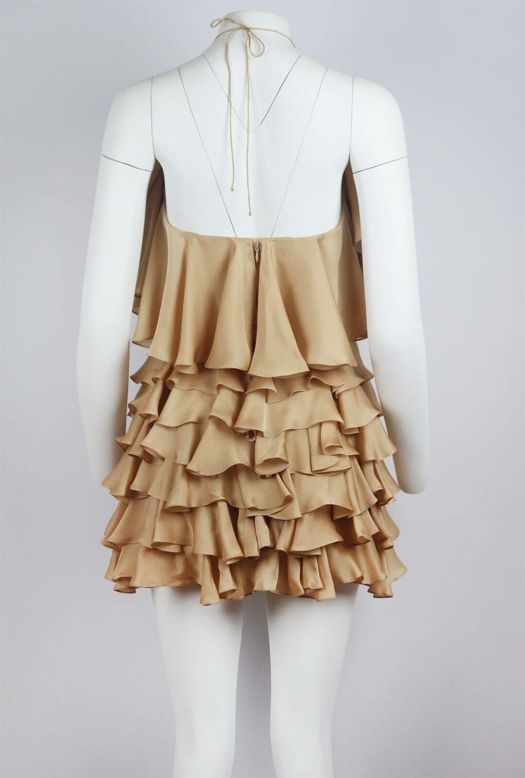 Brown Balmain Tiered Ruffled Silk Halterneck Mini Dress