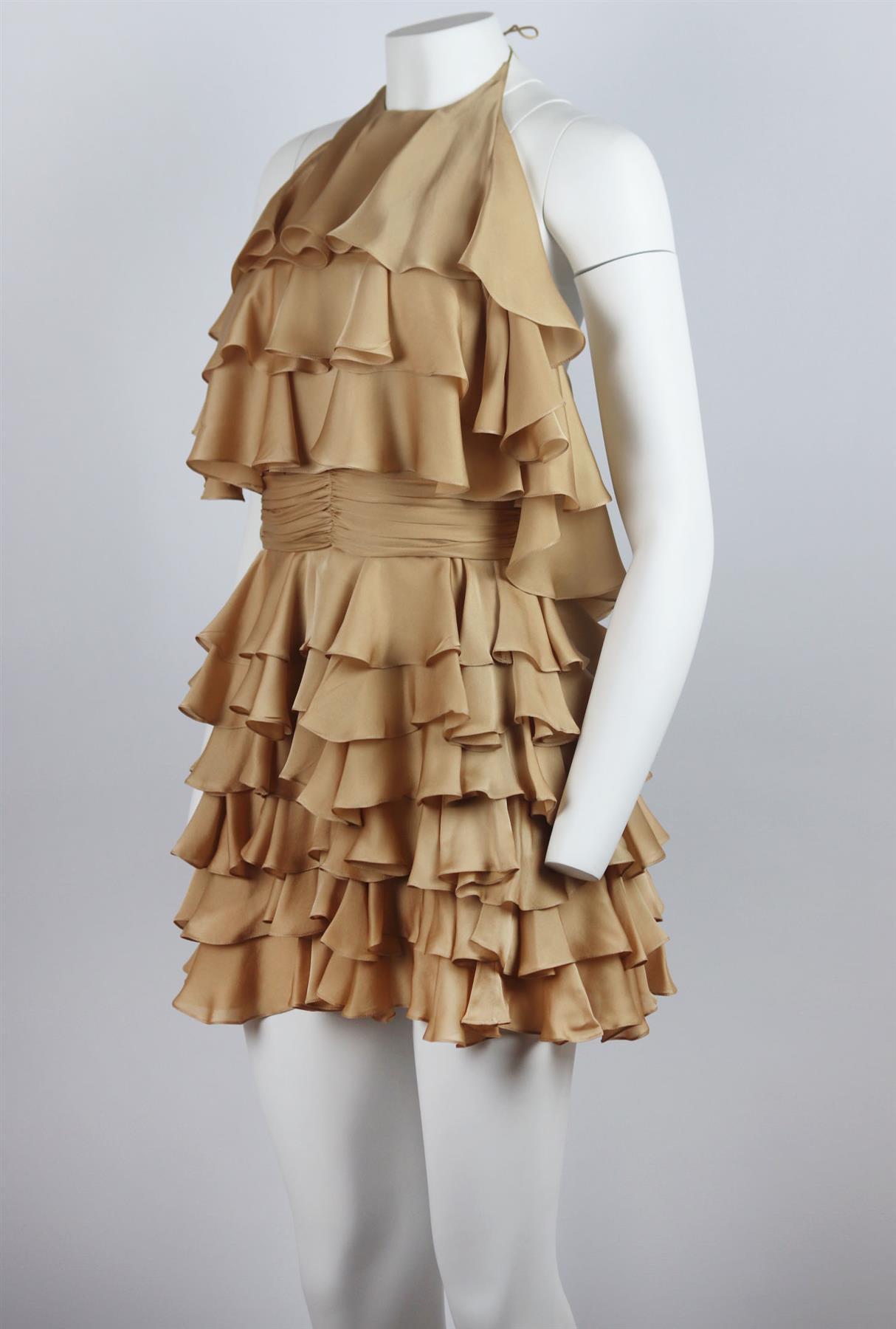 Balmain's mini dress is designed with tiers of flouncy ruffles that move beautifully as you walk, it's cut with a cinched in waist from smooth silk-charmeuse and has halterneck silhouette. Beige silk. Concealed zip fastening at back. 100% Silk;