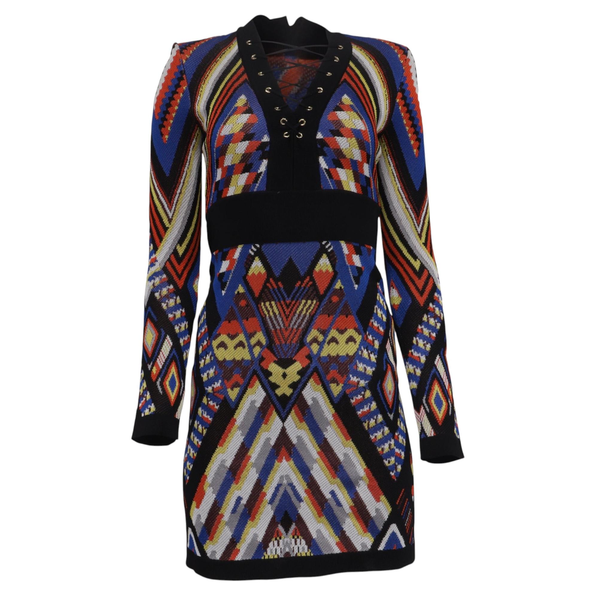 Mini-robe à lacets Balmain à motifs tribaux, en viscose multicolore en vente