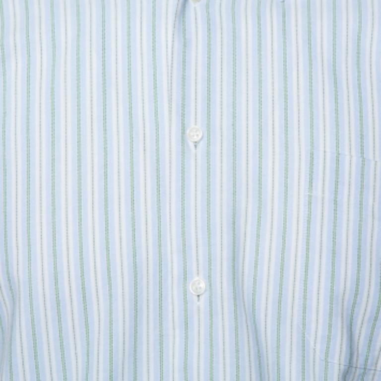 Blue Balmain Tricolor Striped Cotton Short Sleeve Shirt M For Sale