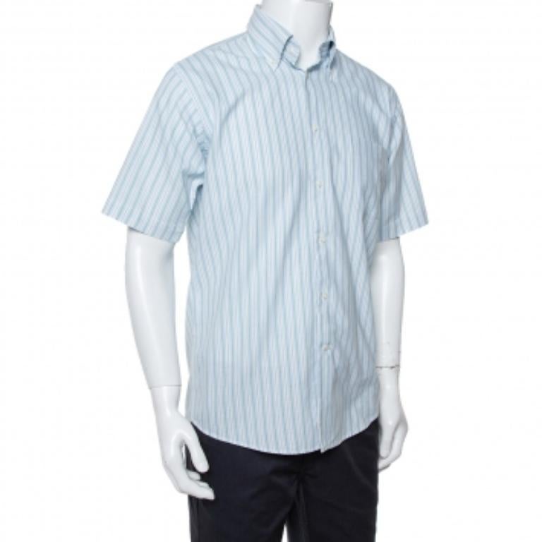 Balmain Tricolor Striped Cotton Short Sleeve Shirt M In Good Condition For Sale In Dubai, Al Qouz 2