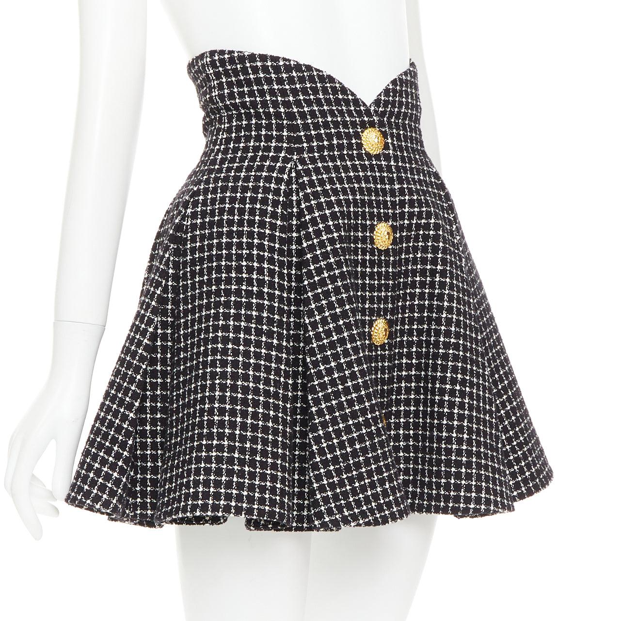 BALMAIN Tulip schwarz-weißer Hahnentritt-Baumwolltweed-Schlaghosenrock FR34 XS (Schwarz) im Angebot