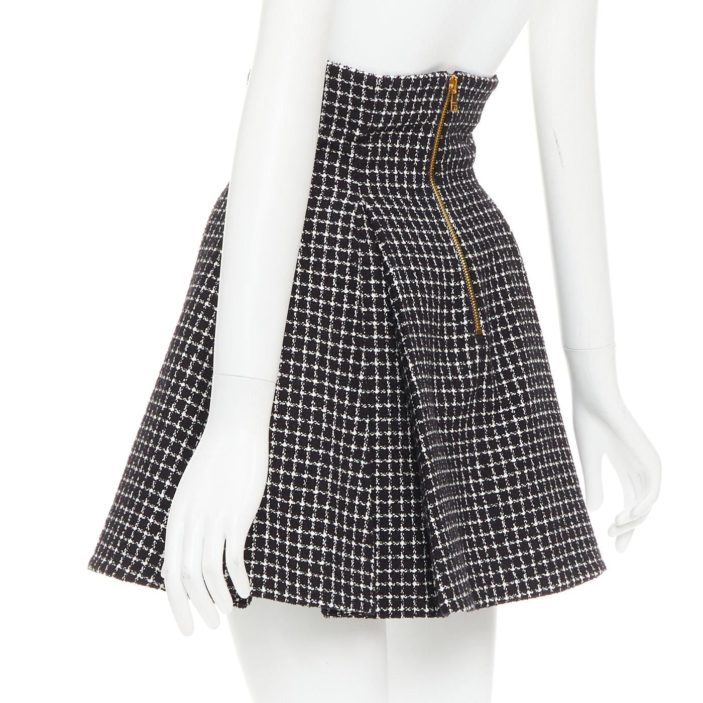 BALMAIN Tulip schwarz-weißer Hahnentritt-Baumwolltweed-Schlaghosenrock FR34 XS im Angebot 1