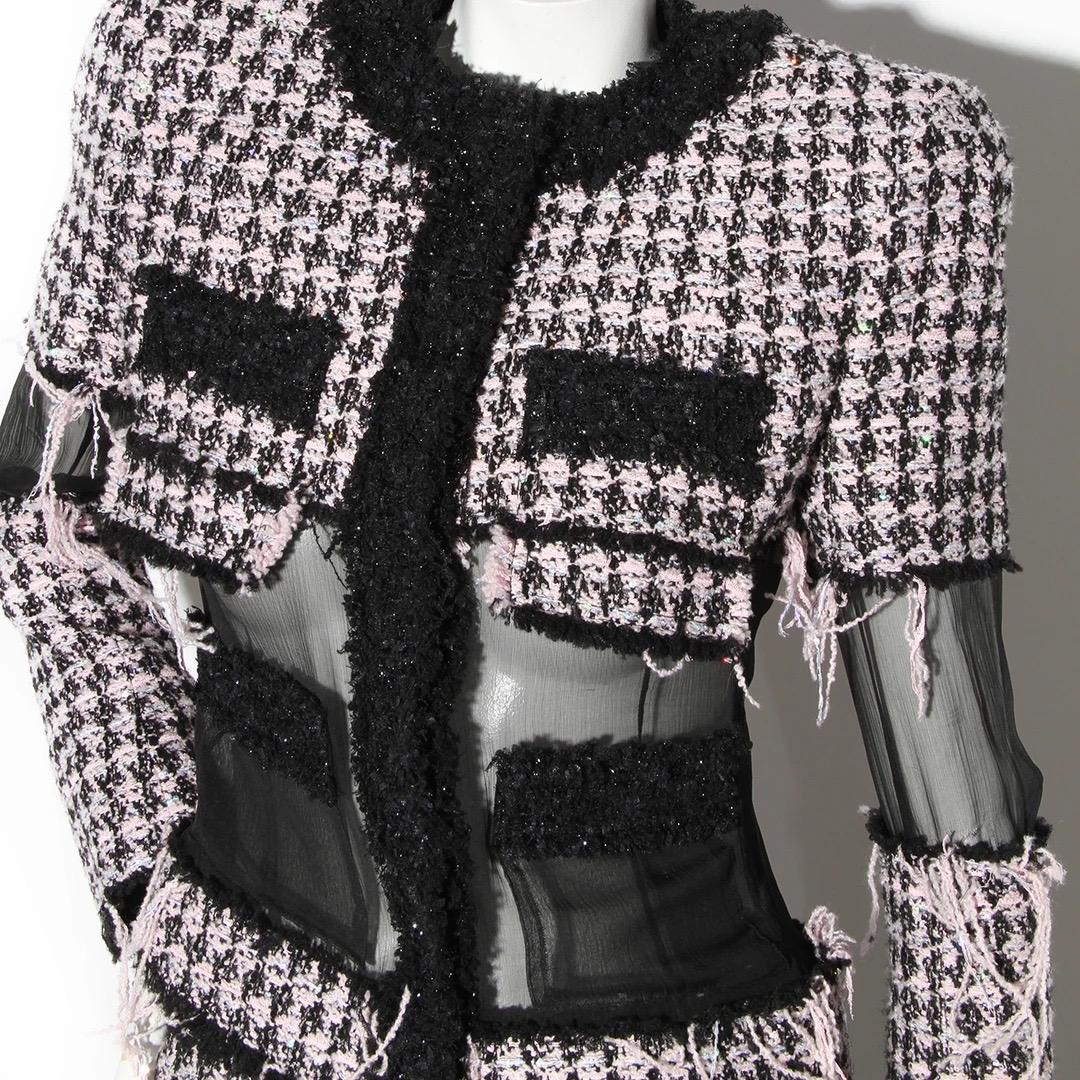 Nero Balmain Gonna in chiffon in tweed Set giacca in vendita