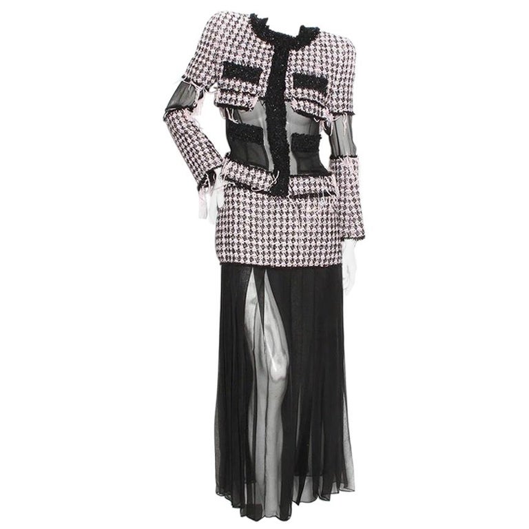 Balmain Tweed Chiffon Skirt Jacket Set For Sale at 1stDibs