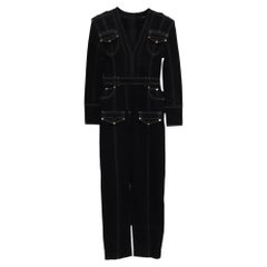 Balmain V-Neck Denim Jumpsuit in Black Cotton