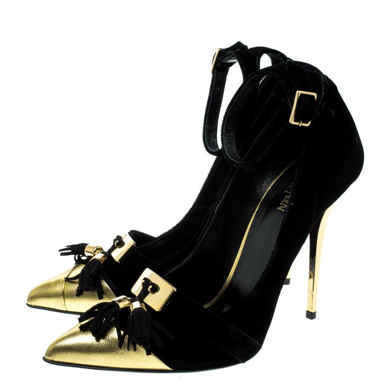 Black Balmain Velvet and Metallic Gold Leather Lena Tassel Ankle Strap Pumps Size 39