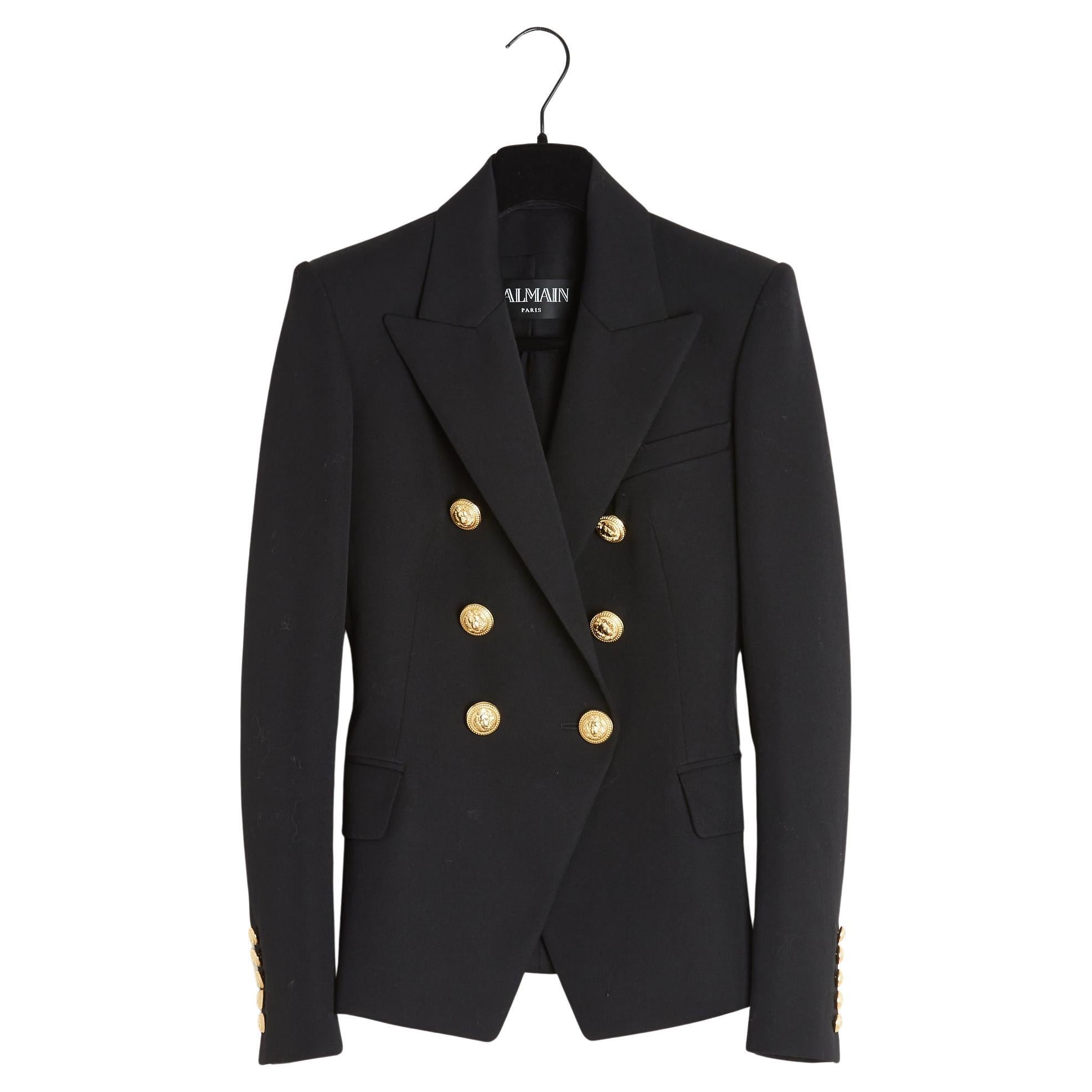 Balmain Veste Blazer Noir FR34 Schwarz Wolle Iconic Double Breasted Jacket UK6 U4 im Angebot