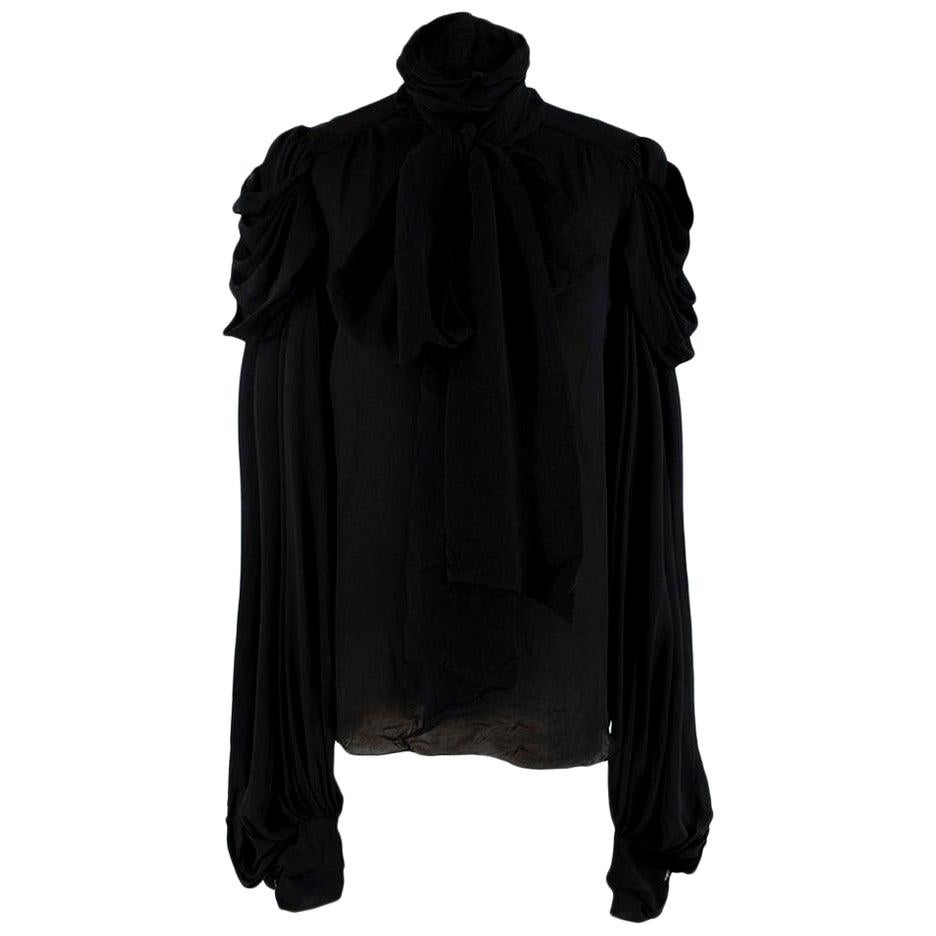 Balmain Vintage Drapiertes langärmeliges Top aus schwarzer Seide - Größe US 6