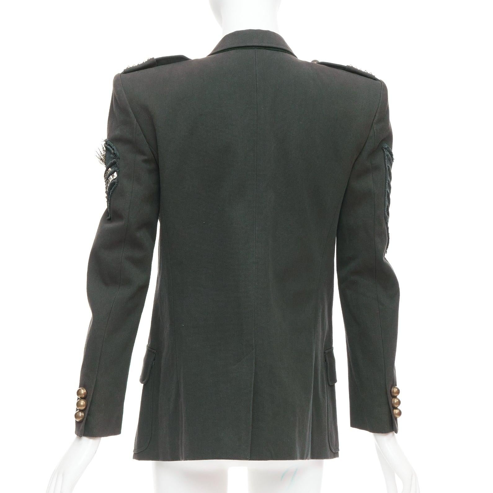 Women's BALMAIN Vintage Decarnin green silver embellished military jacket FR40 M For Sale