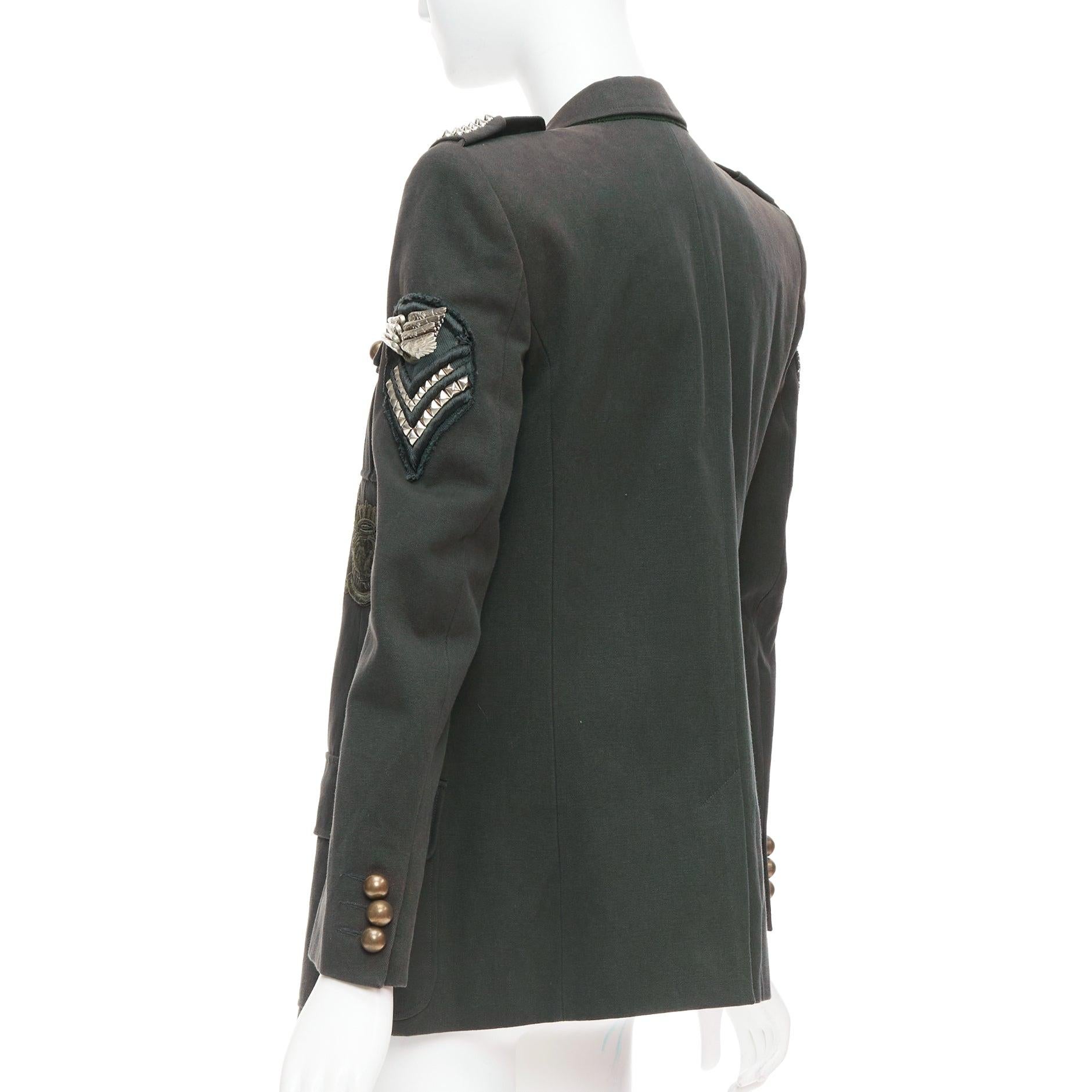 BALMAIN Vintage Decarnin green silver embellished military jacket FR40 M For Sale 1