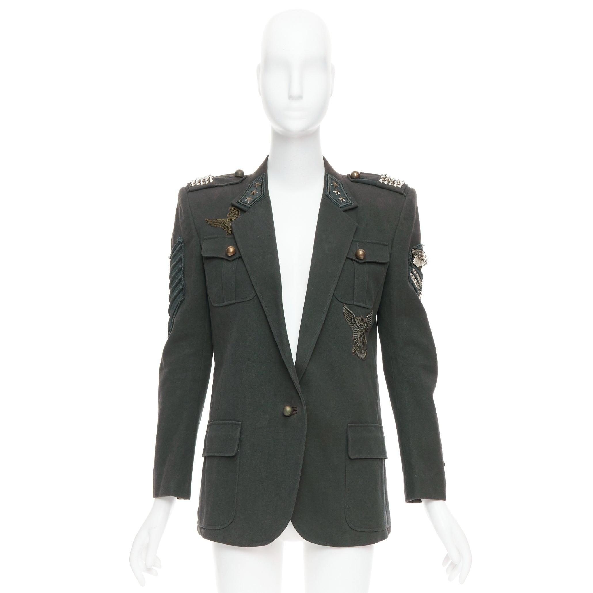 BALMAIN Vintage Decarnin green silver embellished military jacket FR40 M For Sale 4