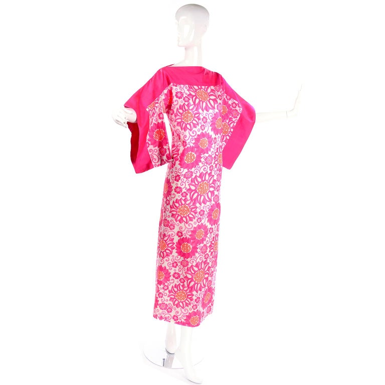 Balmain Vintage Thai Silk Pink Floral Caftan Style Maxi Dress W Kimono