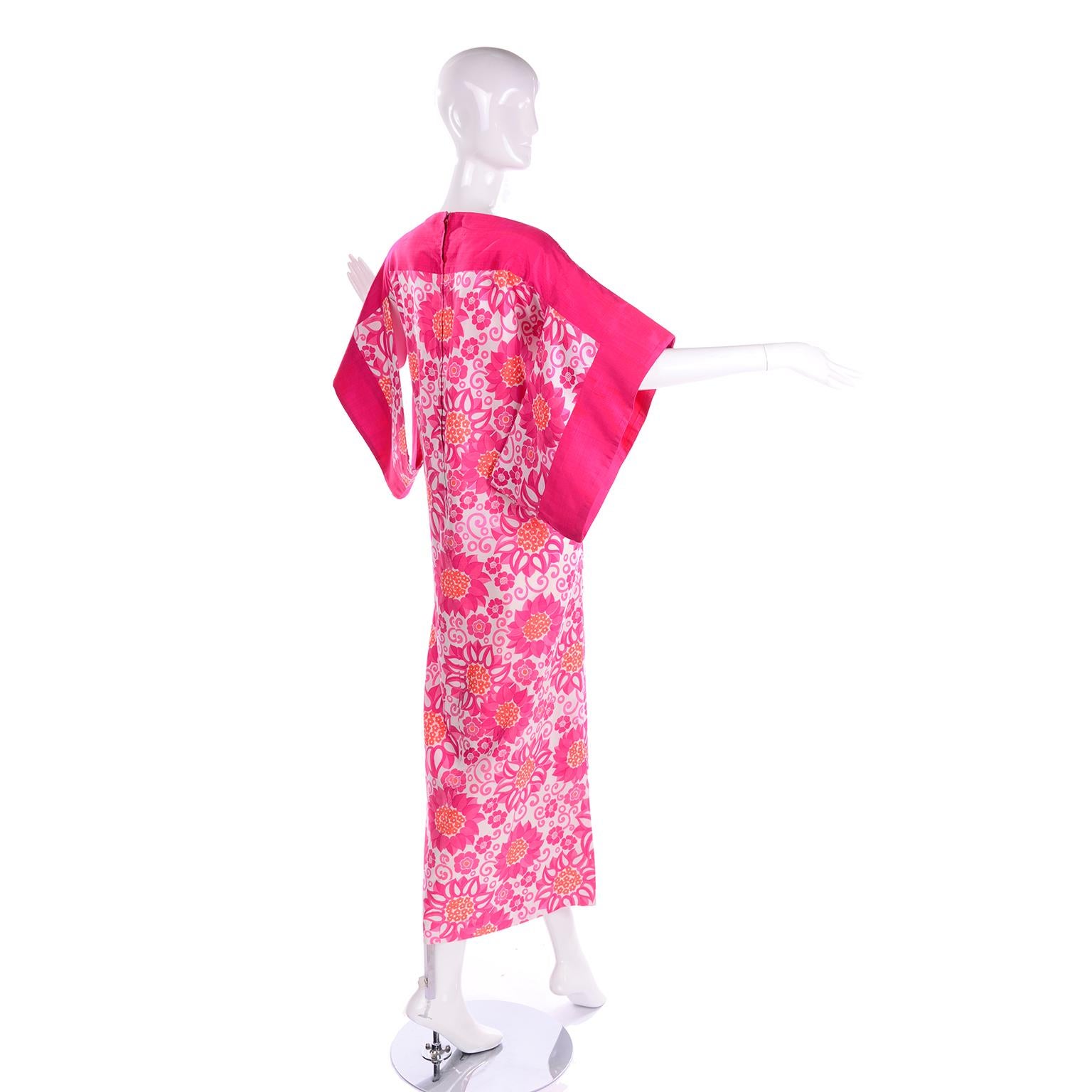 Women's Balmain Vintage Thai Silk Pink Floral Caftan Style Maxi Dress W Kimono Sleeves
