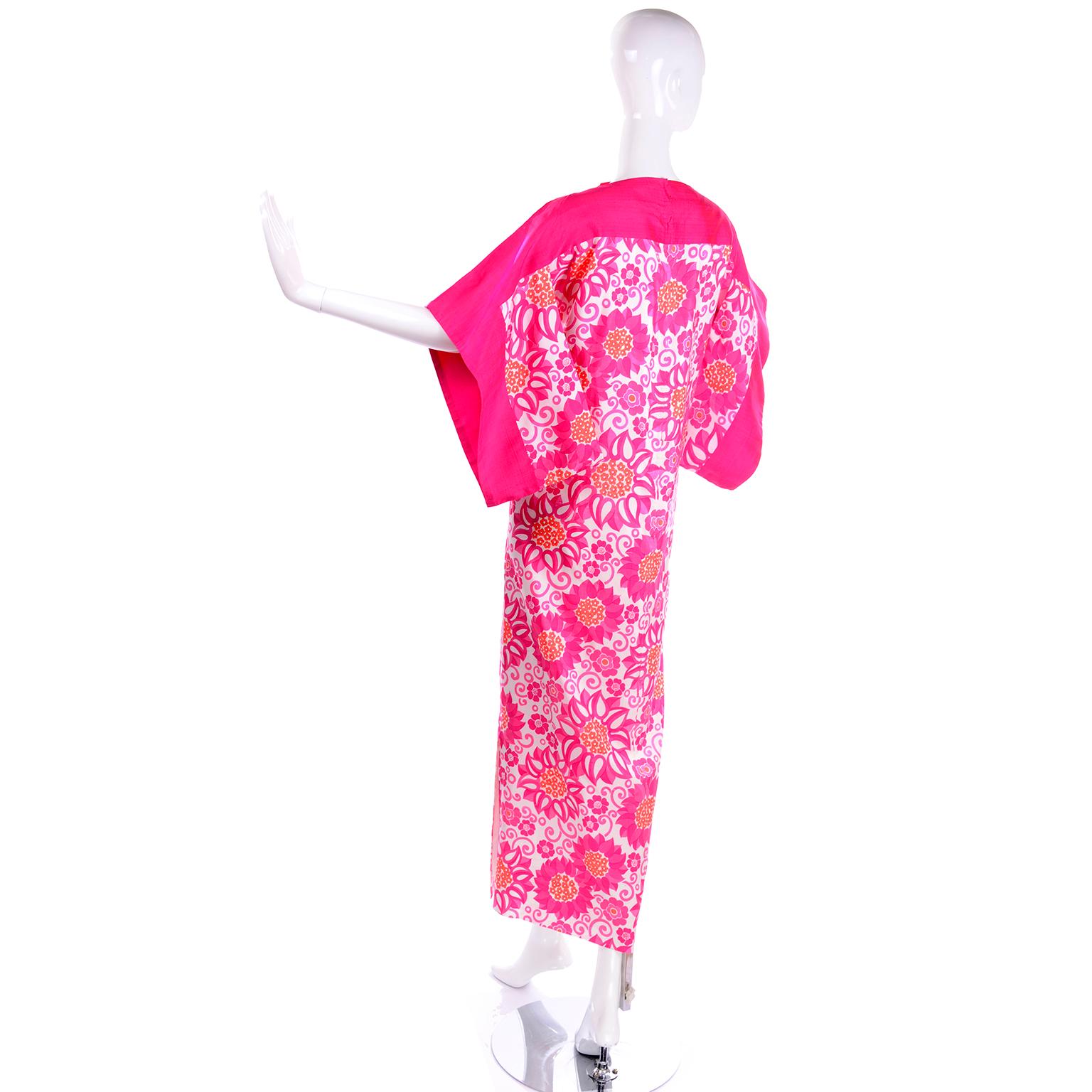 Balmain Vintage Thai Silk Pink Floral Caftan Style Maxi Dress W Kimono Sleeves 1