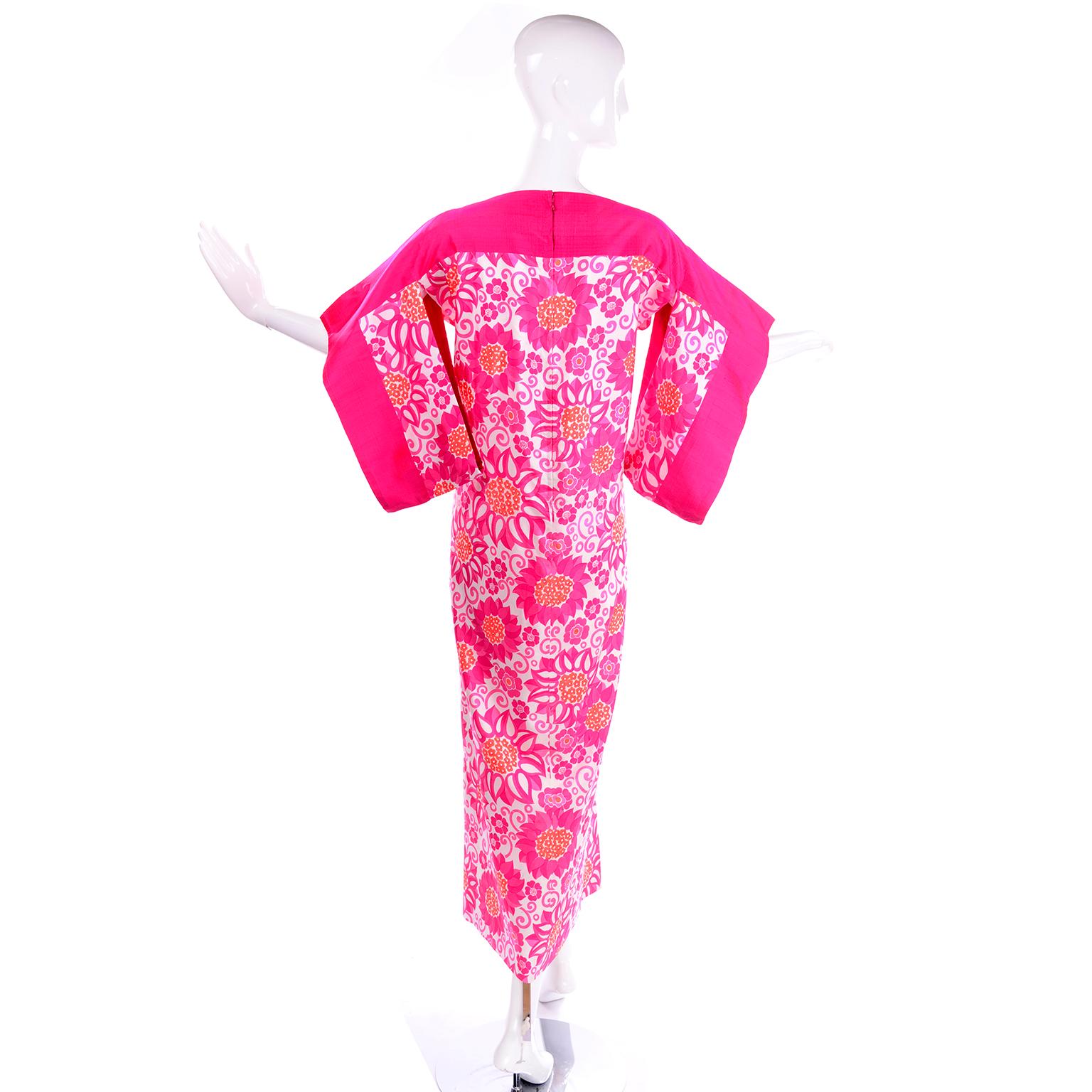 Balmain Vintage Thai Silk Pink Floral Caftan Style Maxi Dress W Kimono Sleeves 2