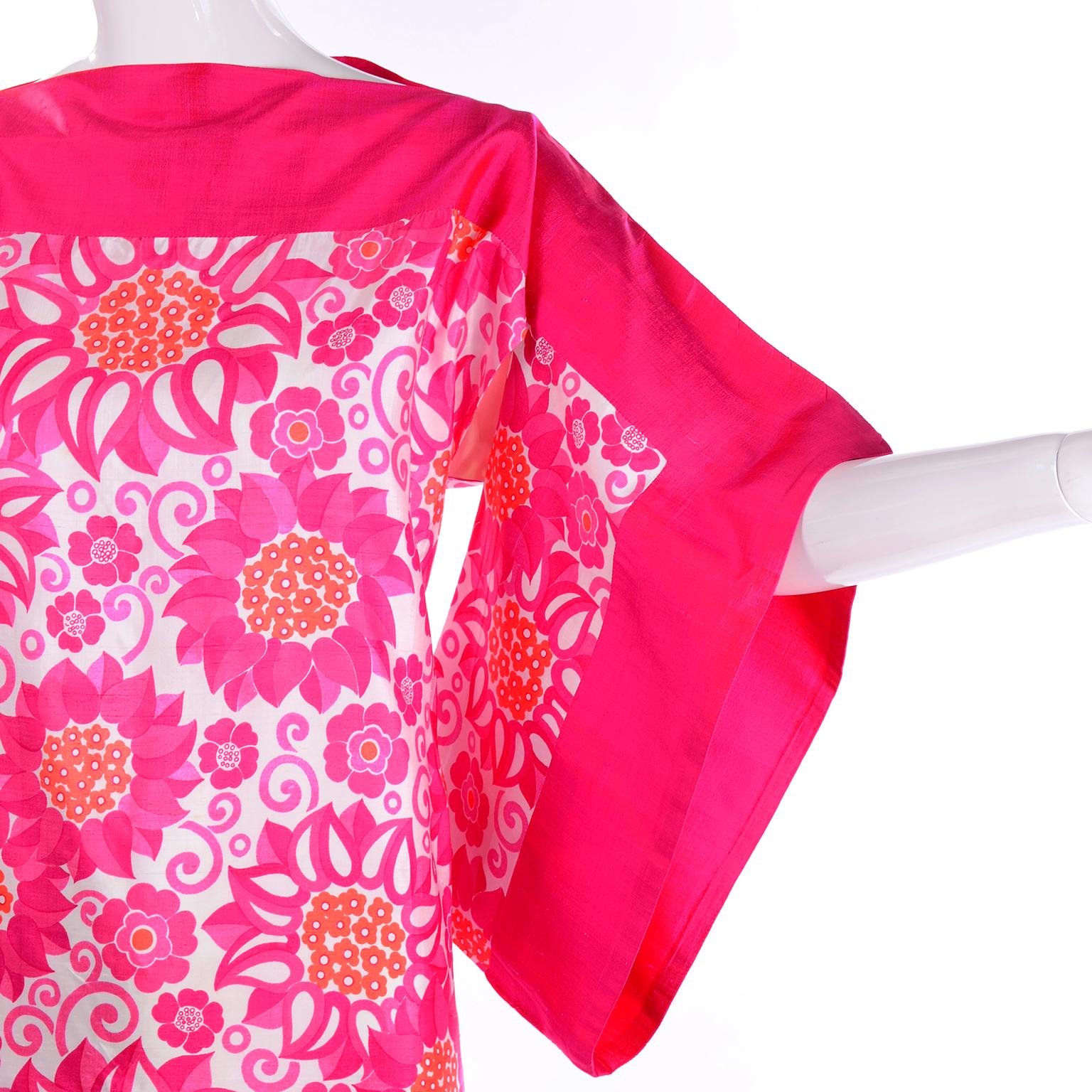Balmain Vintage Thai Silk Pink Floral Caftan Style Maxi Dress W Kimono Sleeves 3