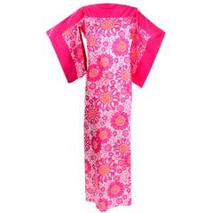 Balmain Vintage Thai Silk Pink Floral Caftan Style Maxi Dress W Kimono Sleeves