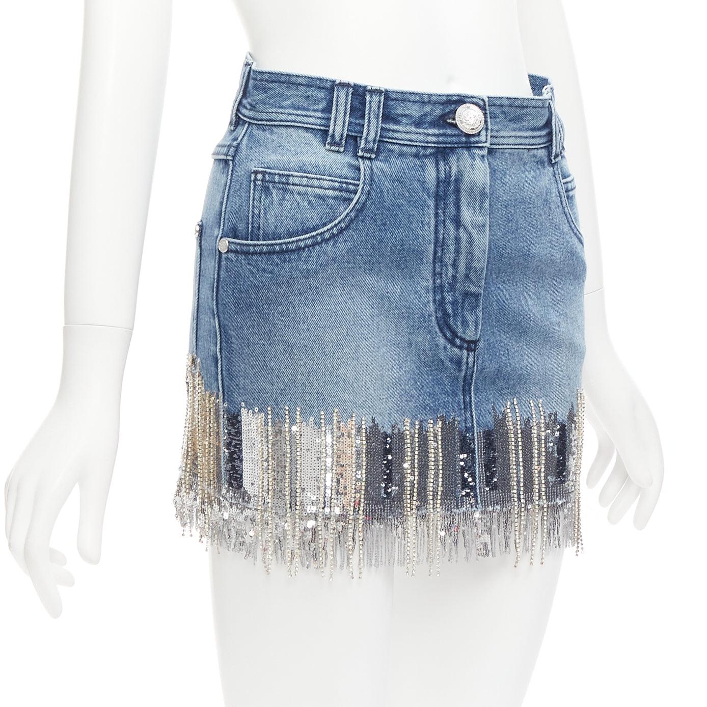 Gray BALMAIN washed blue denim silver crystal sequins fringe mini skirt FR34 XS