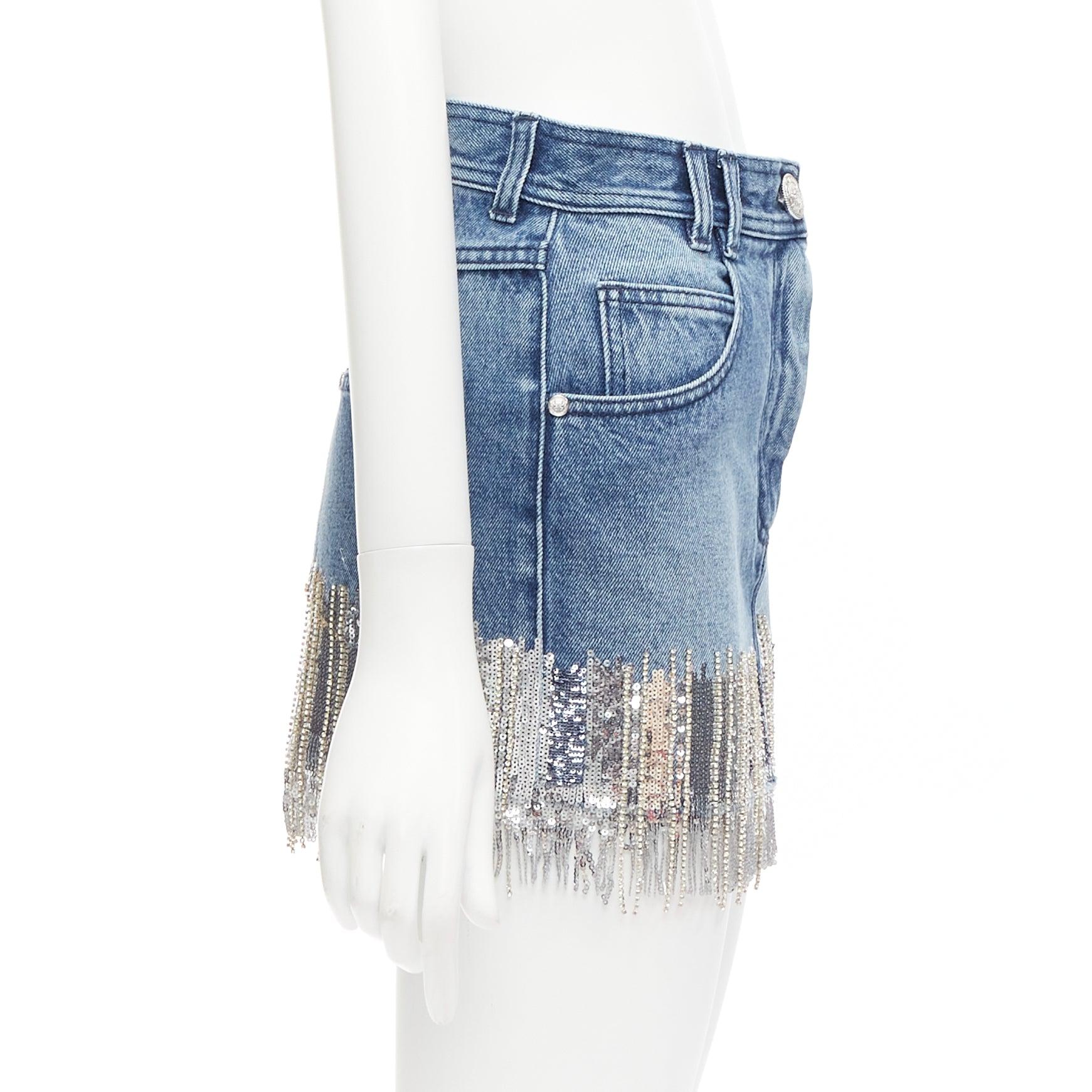 BALMAIN washed blue denim silver crystal sequins fringe mini skirt FR34 XS In Excellent Condition In Hong Kong, NT