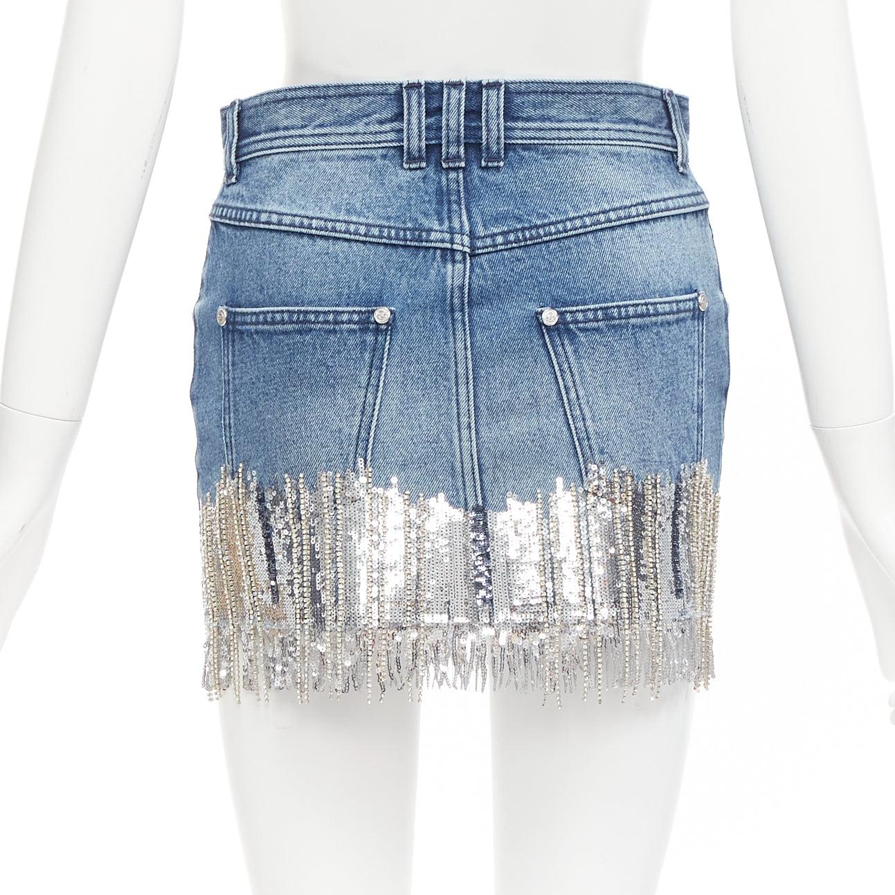 Women's BALMAIN washed blue denim silver crystal sequins fringe mini skirt FR34 XS